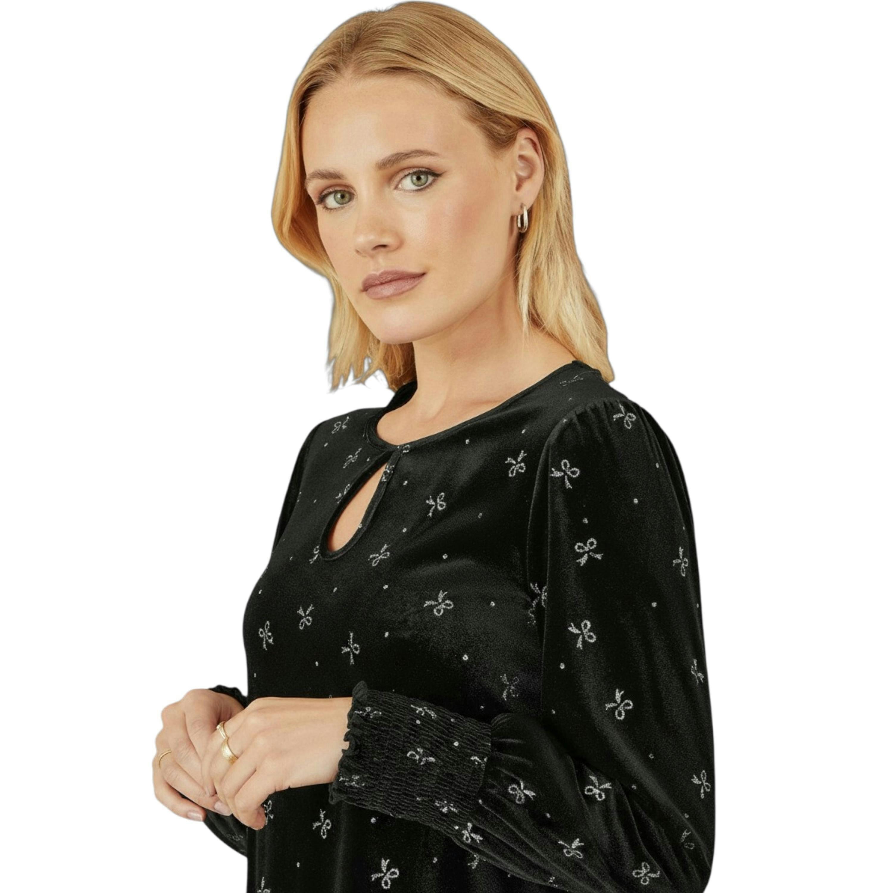 Yumi Black Sparkle Bow Print Velvet Top , view 2 of 6