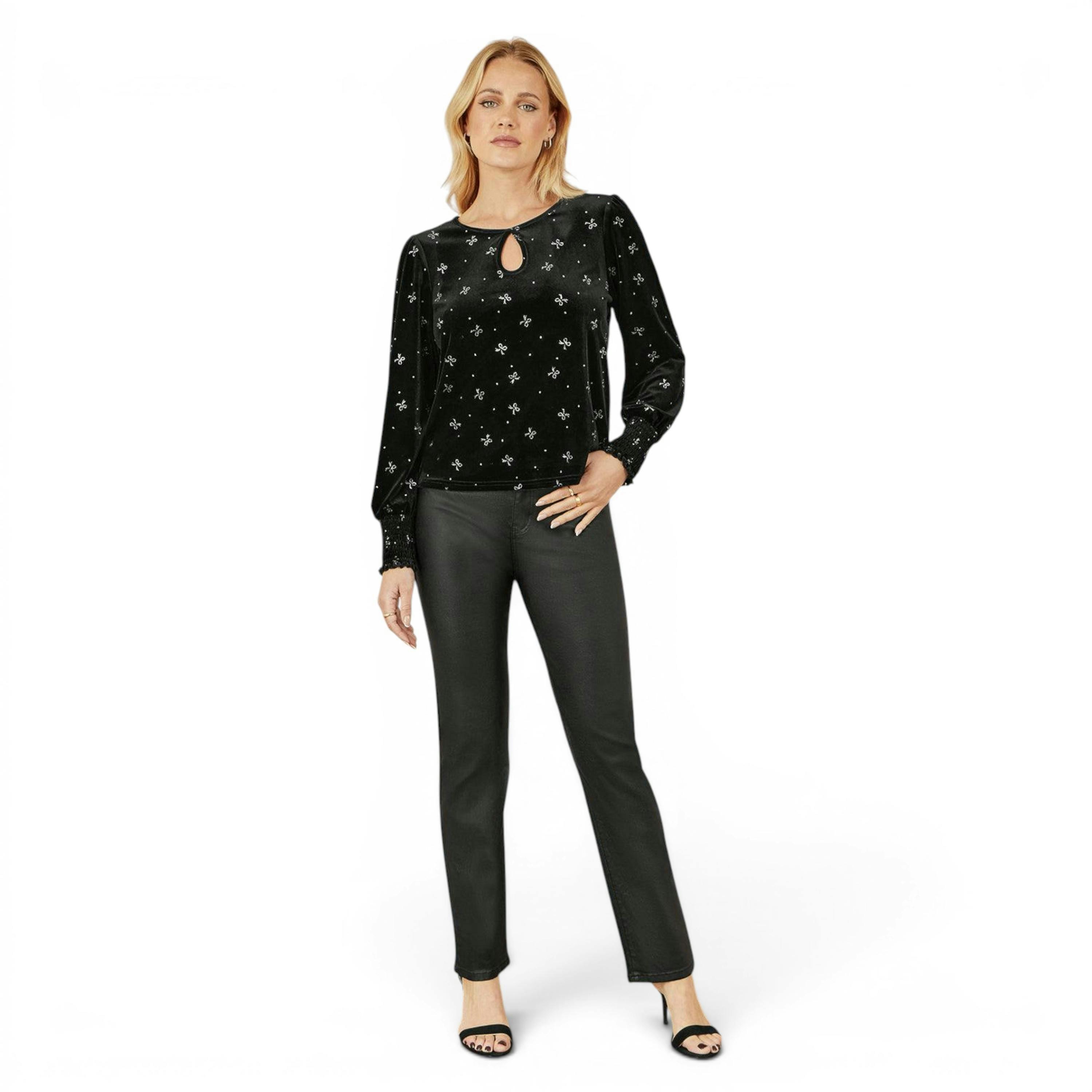Yumi Black Sparkle Bow Print Velvet Top , view 3 of 6