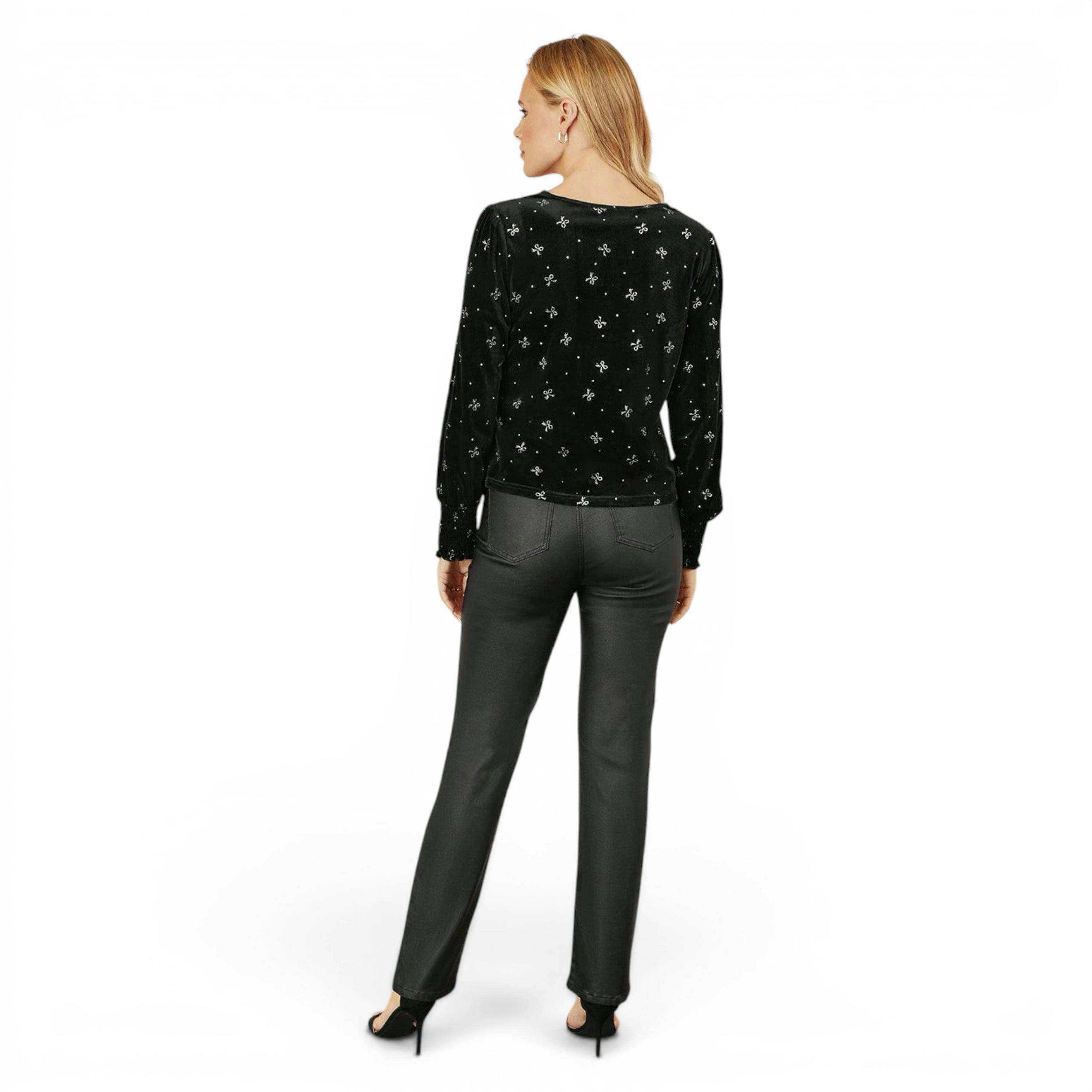 Yumi Black Sparkle Bow Print Velvet Top , view 5 of 6