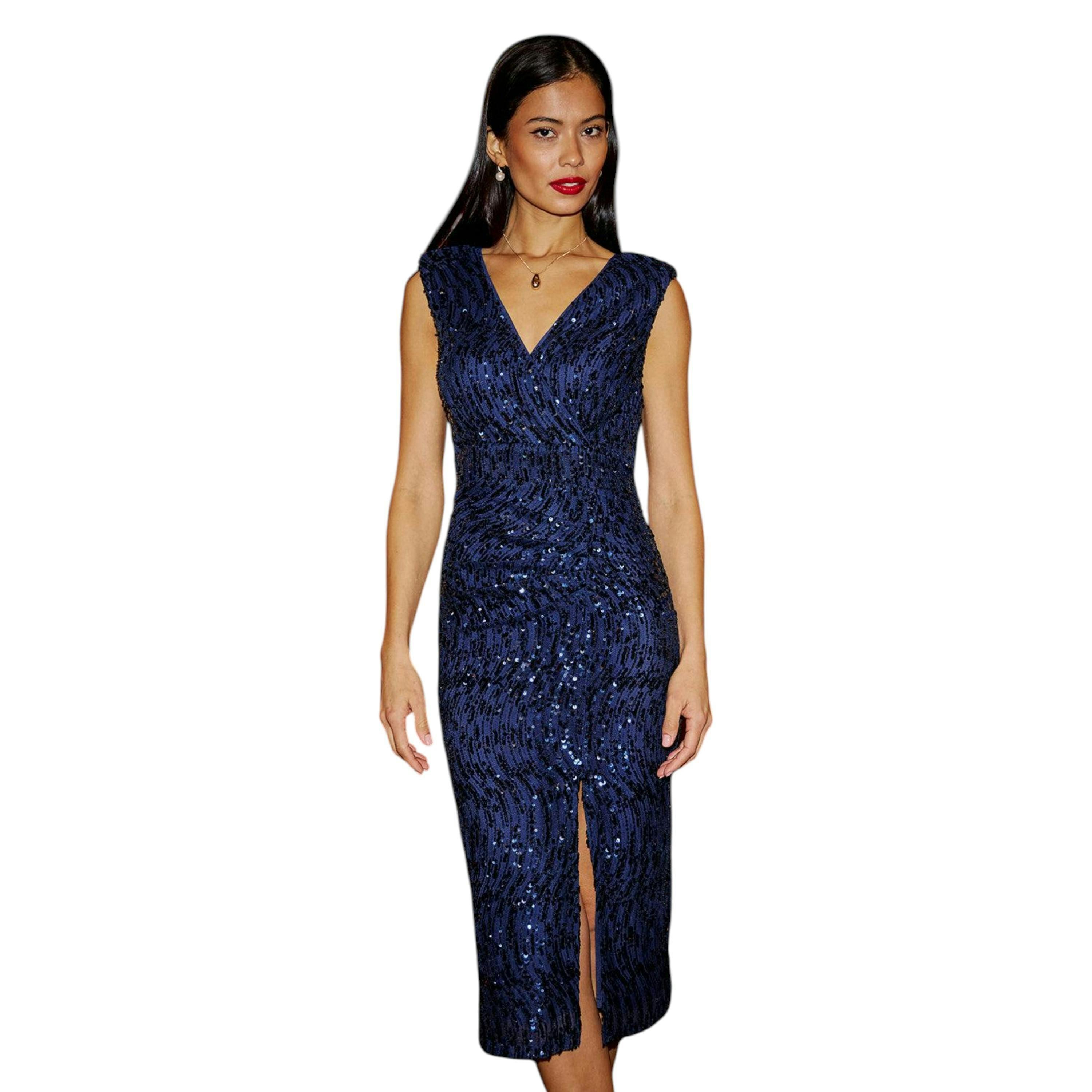 Yumi Navy Sequin Fitted Wrap Dress With Split Hem , view 1 of 6