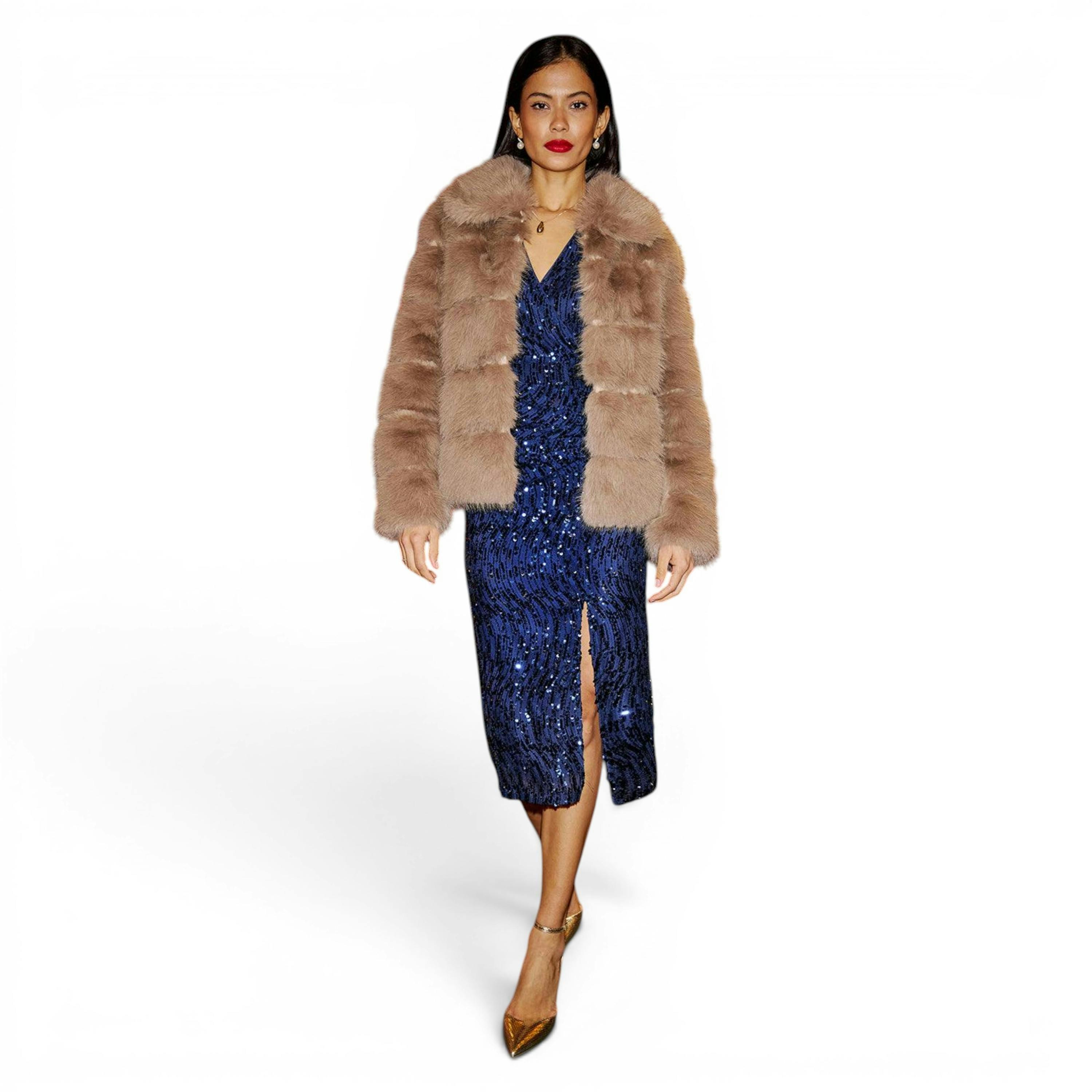 Yumi Navy Sequin Fitted Wrap Dress With Split Hem , view 3 of 6