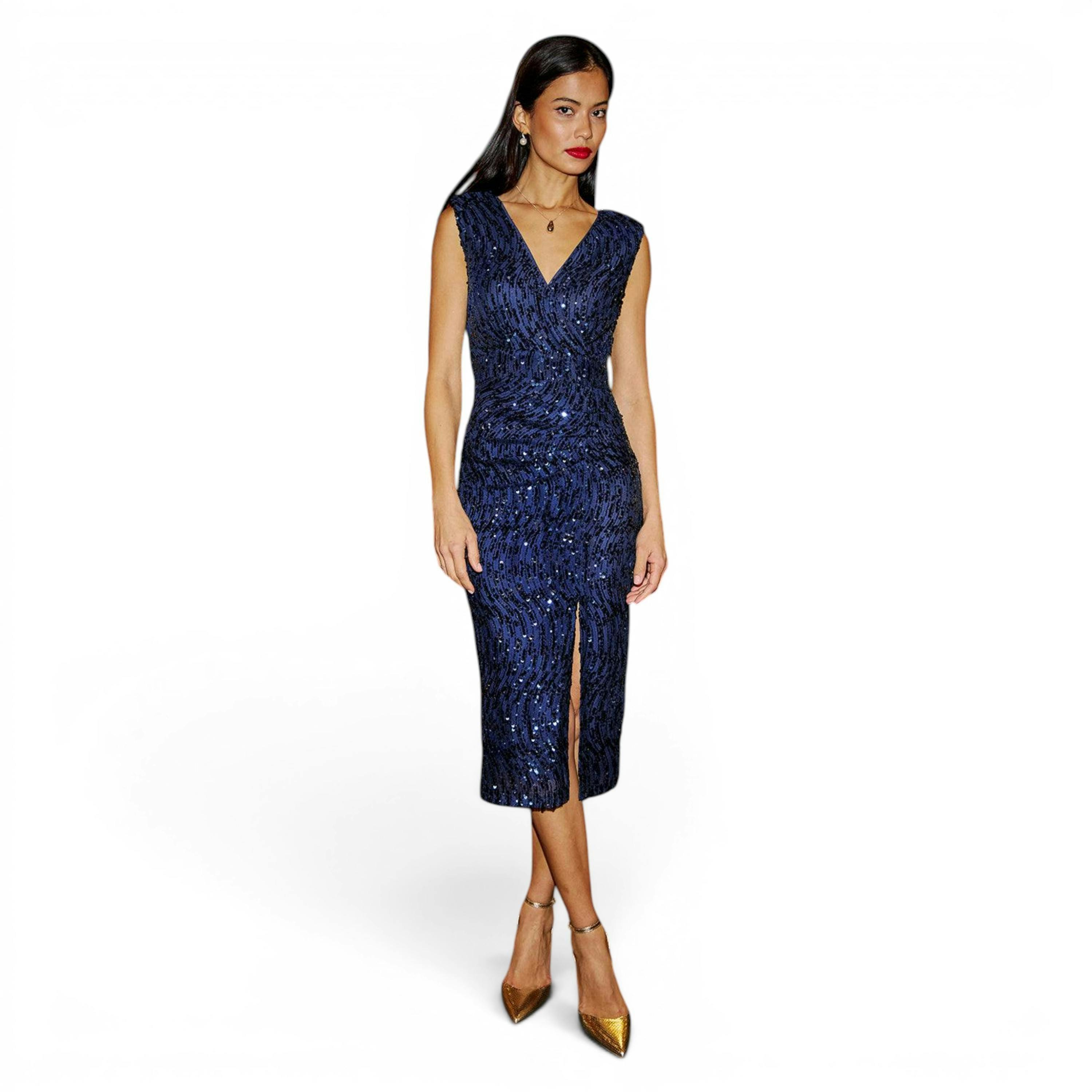 Yumi Navy Sequin Fitted Wrap Dress With Split Hem , view 4 of 6