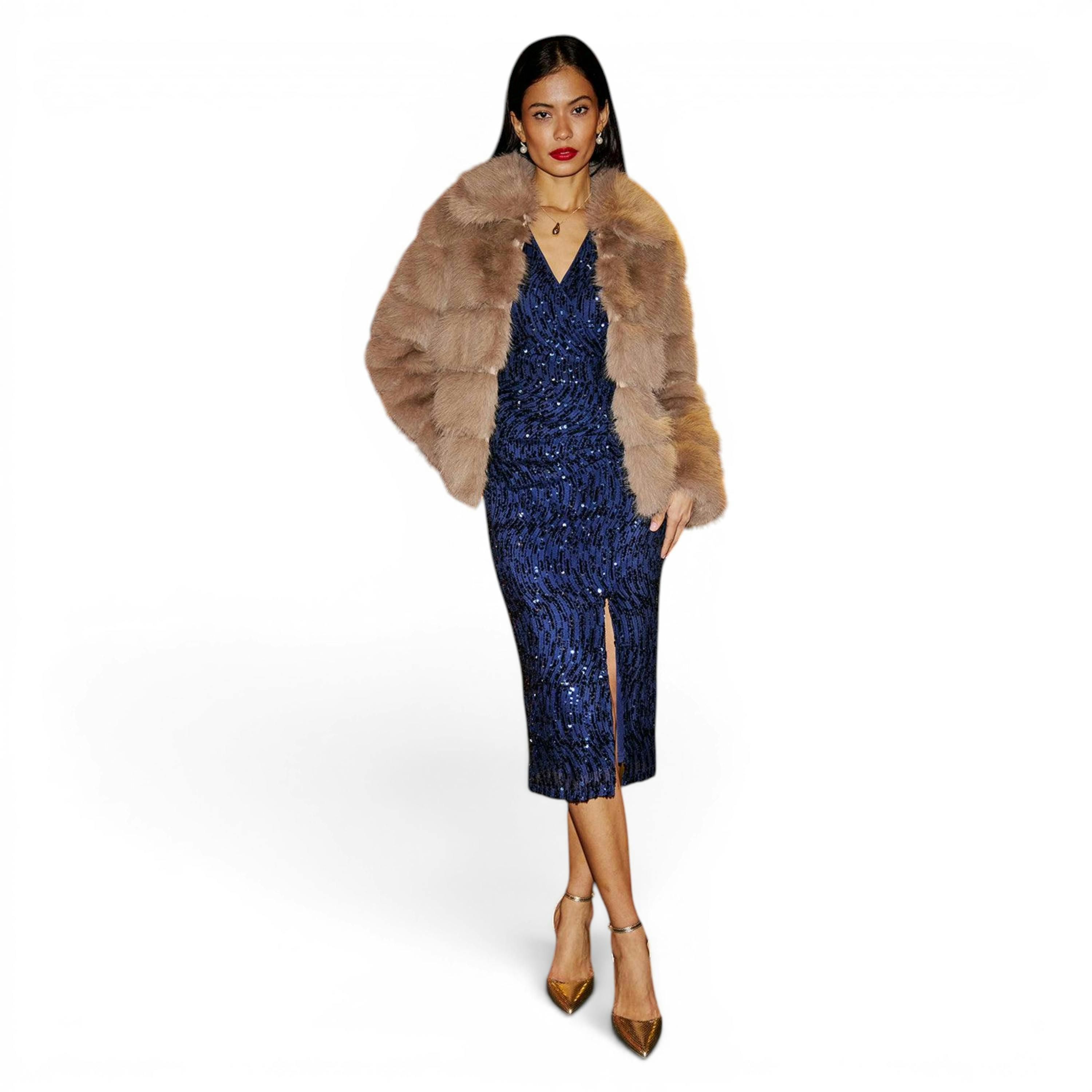 Yumi Navy Sequin Fitted Wrap Dress With Split Hem , view 6 of 6