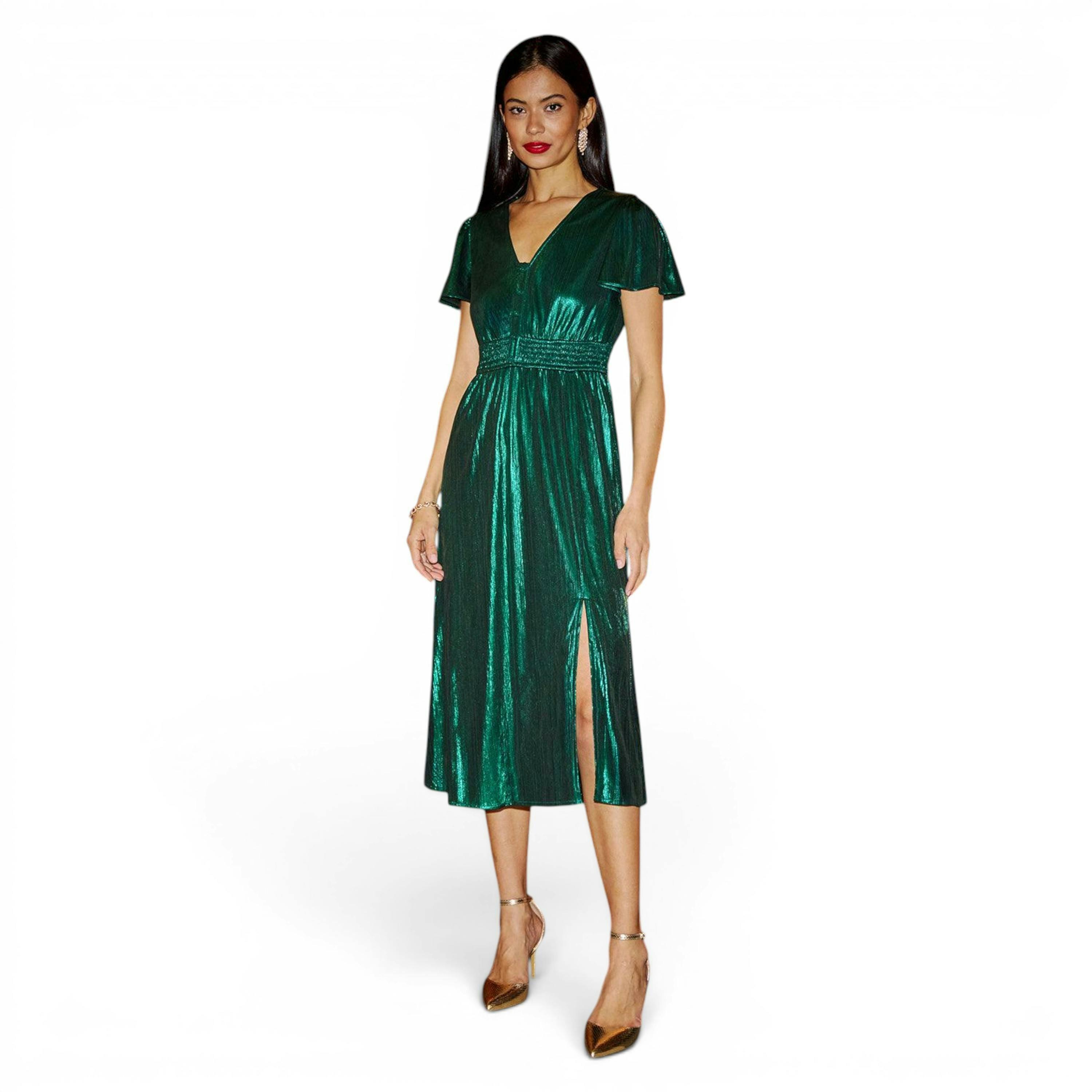 Yumi Green Metallic Ruched Midi Dress , view 1 of 6