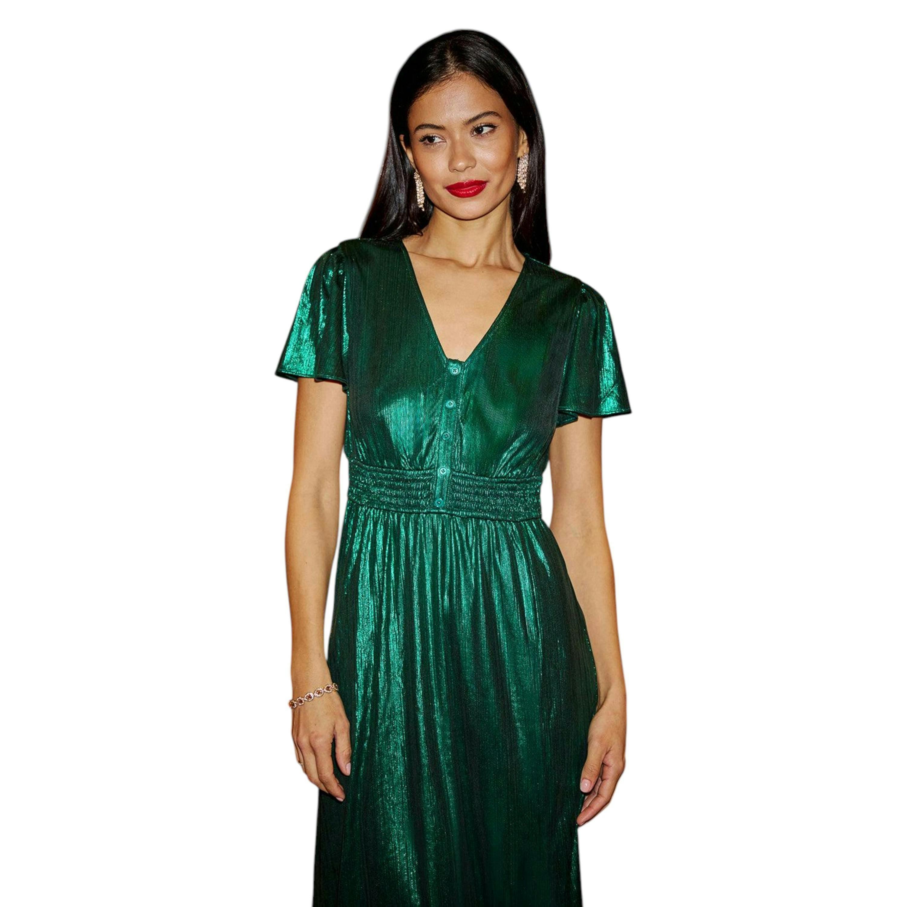 Yumi Green Metallic Ruched Midi Dress , view 2 of 6