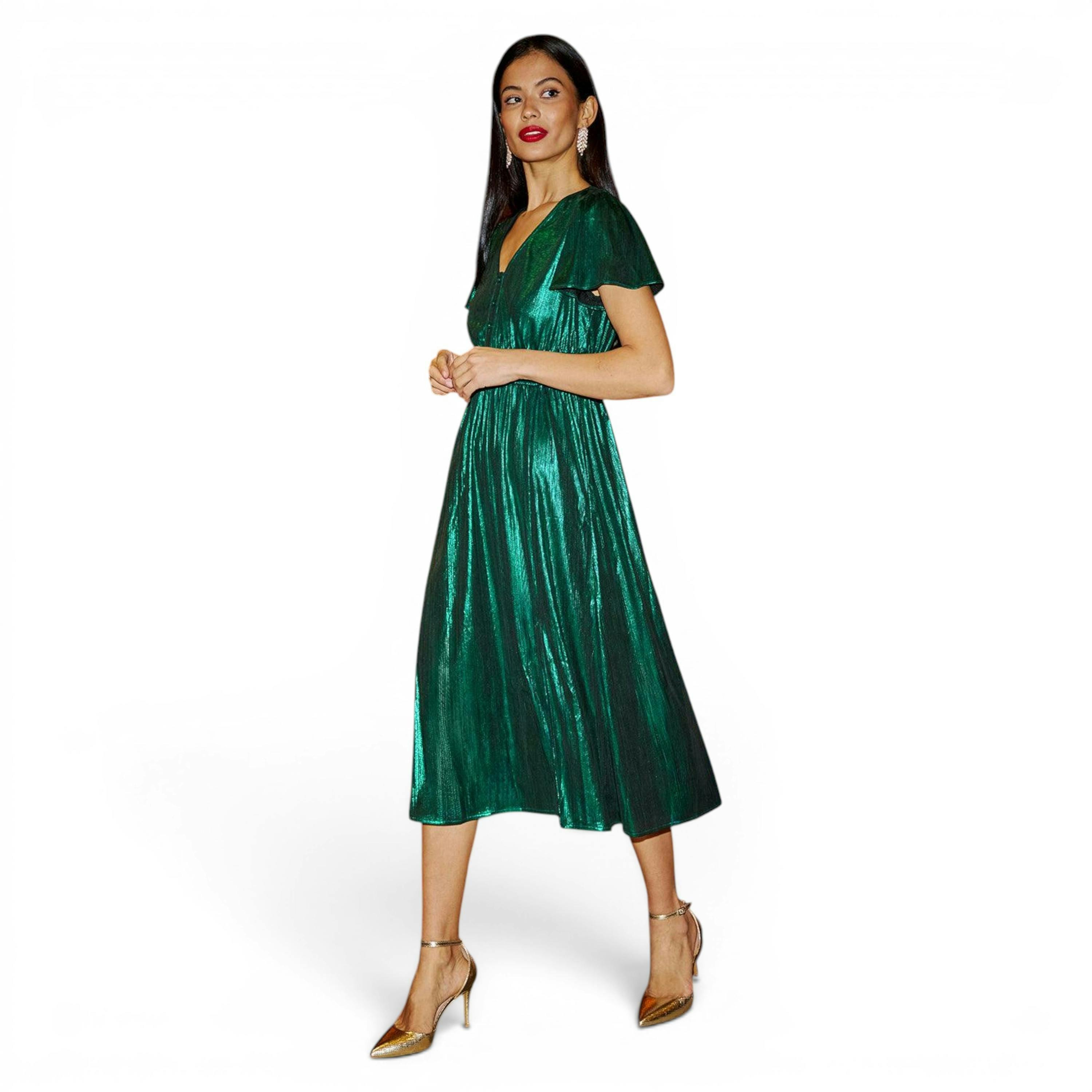 Yumi Green Metallic Ruched Midi Dress , view 3 of 6
