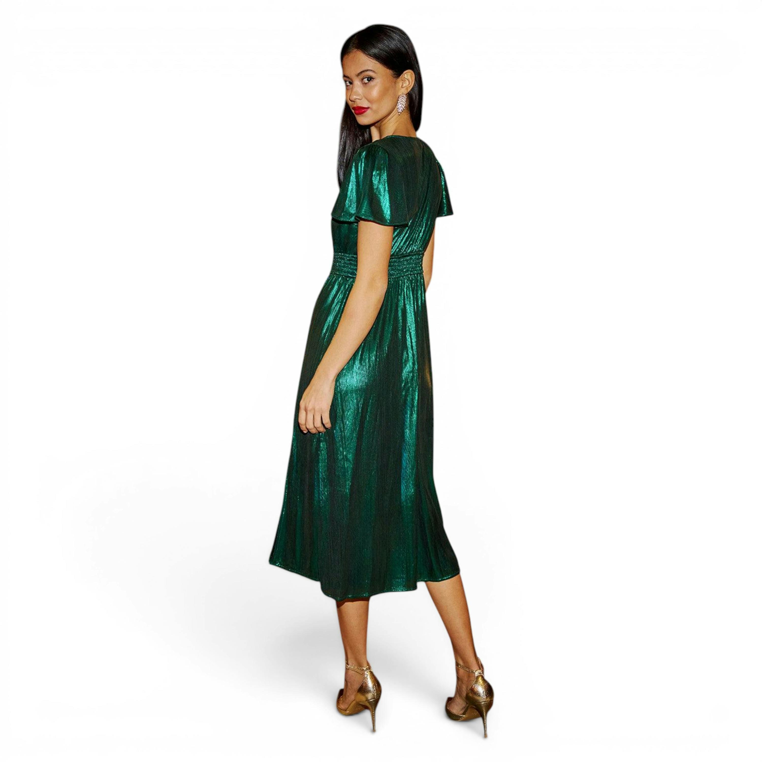 Yumi Green Metallic Ruched Midi Dress , view 4 of 6