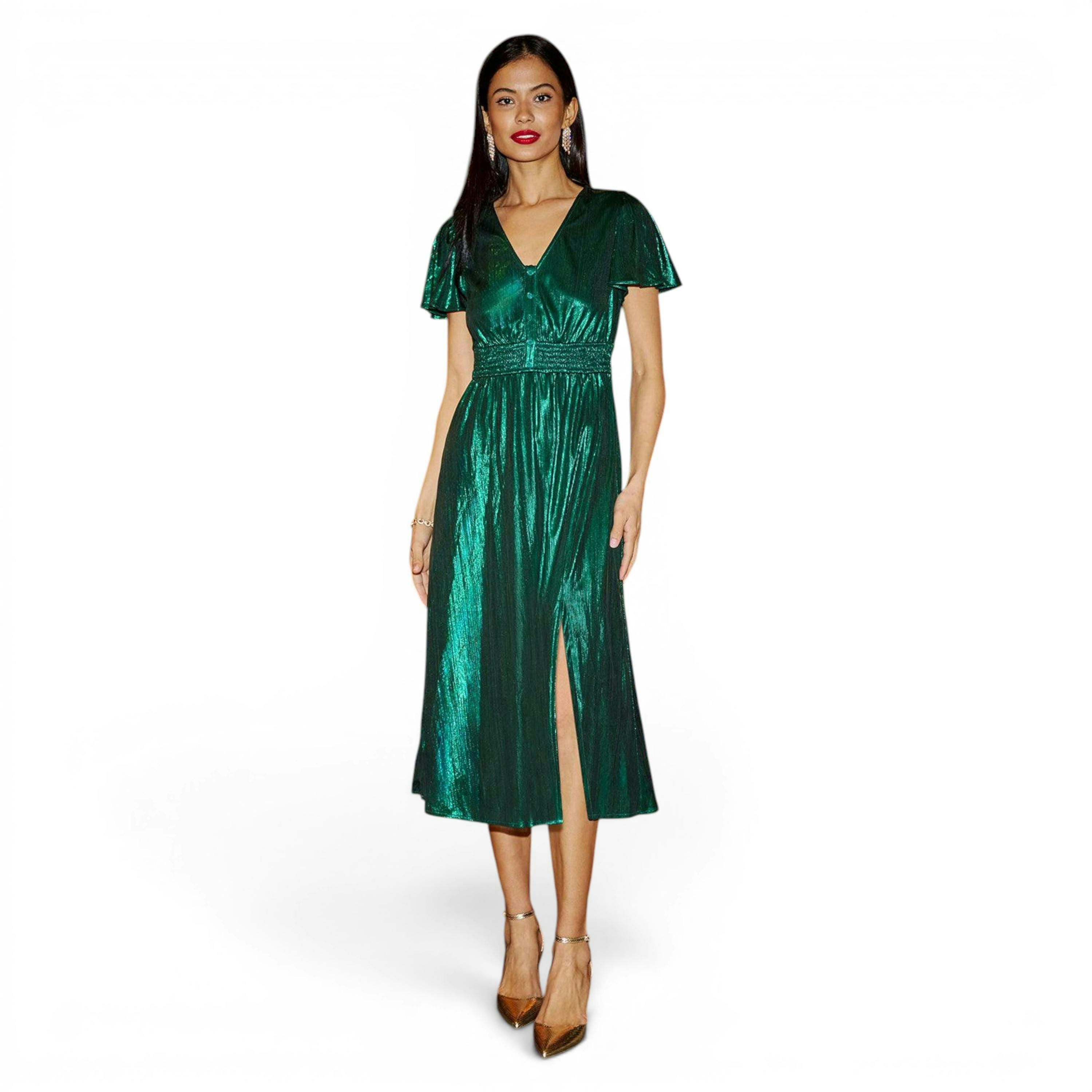 Yumi Green Metallic Ruched Midi Dress , view 5 of 6