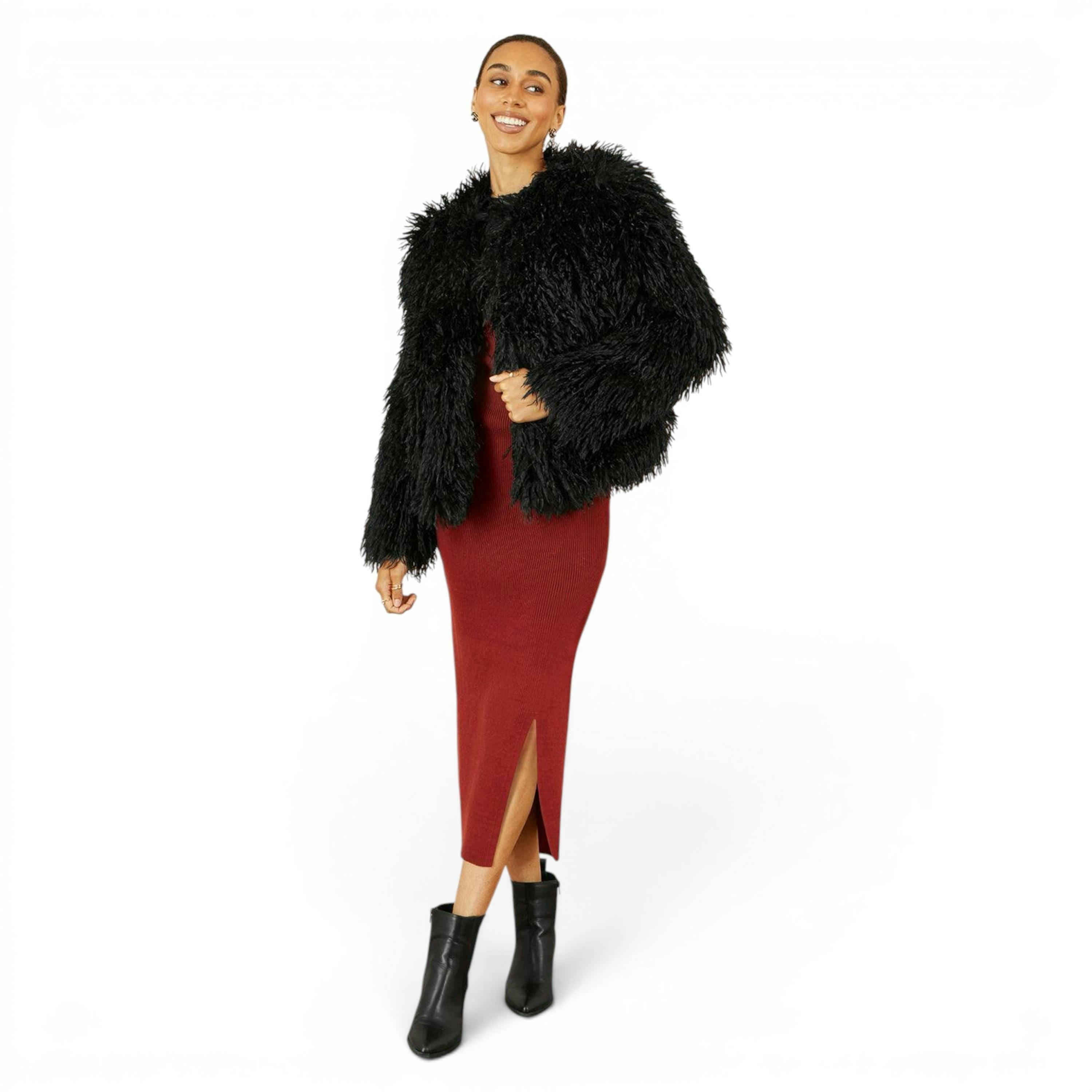 Yumi Black Luxe Fluffy Faux Fur Coat , view 2 of 5