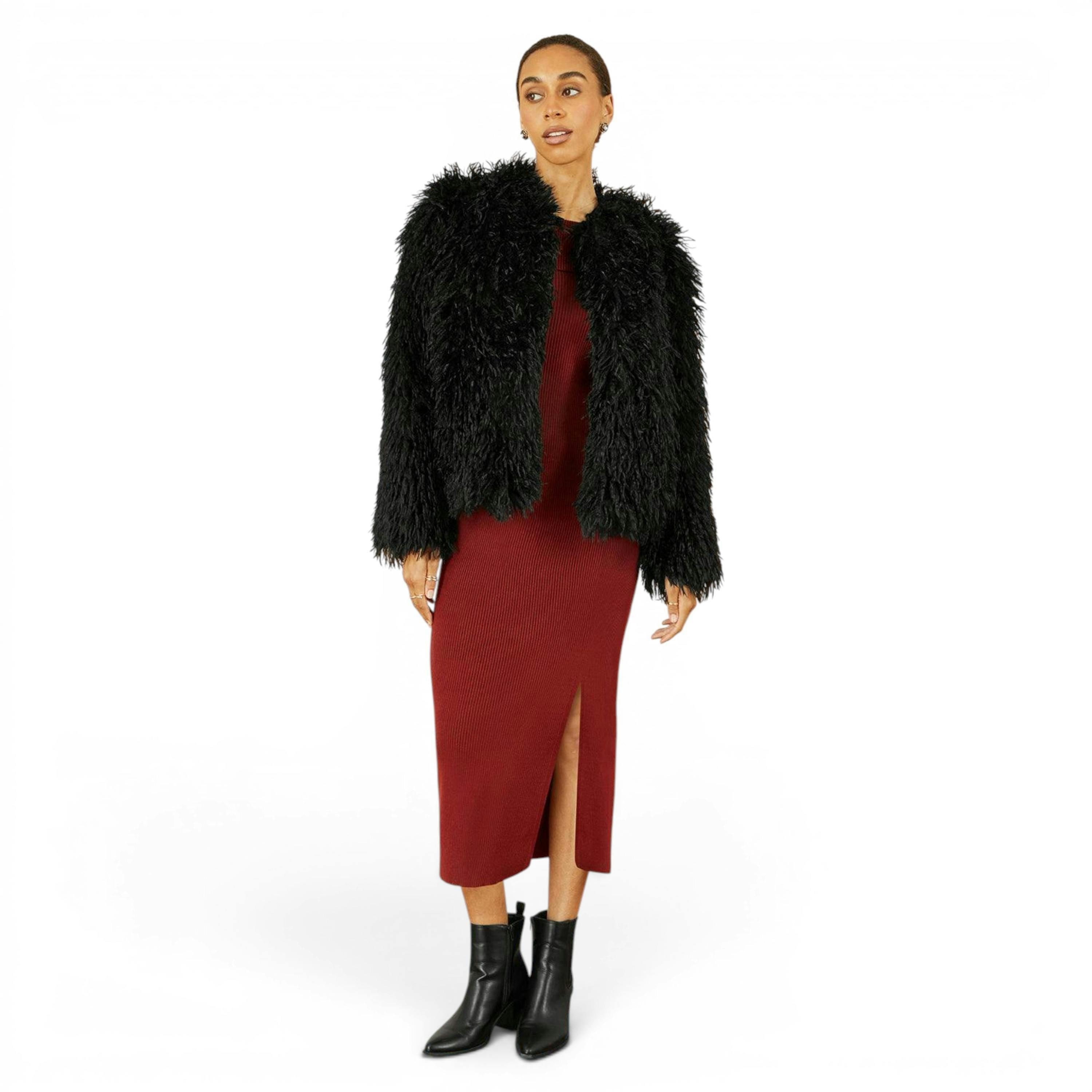 Yumi Black Luxe Fluffy Faux Fur Coat , view 3 of 5