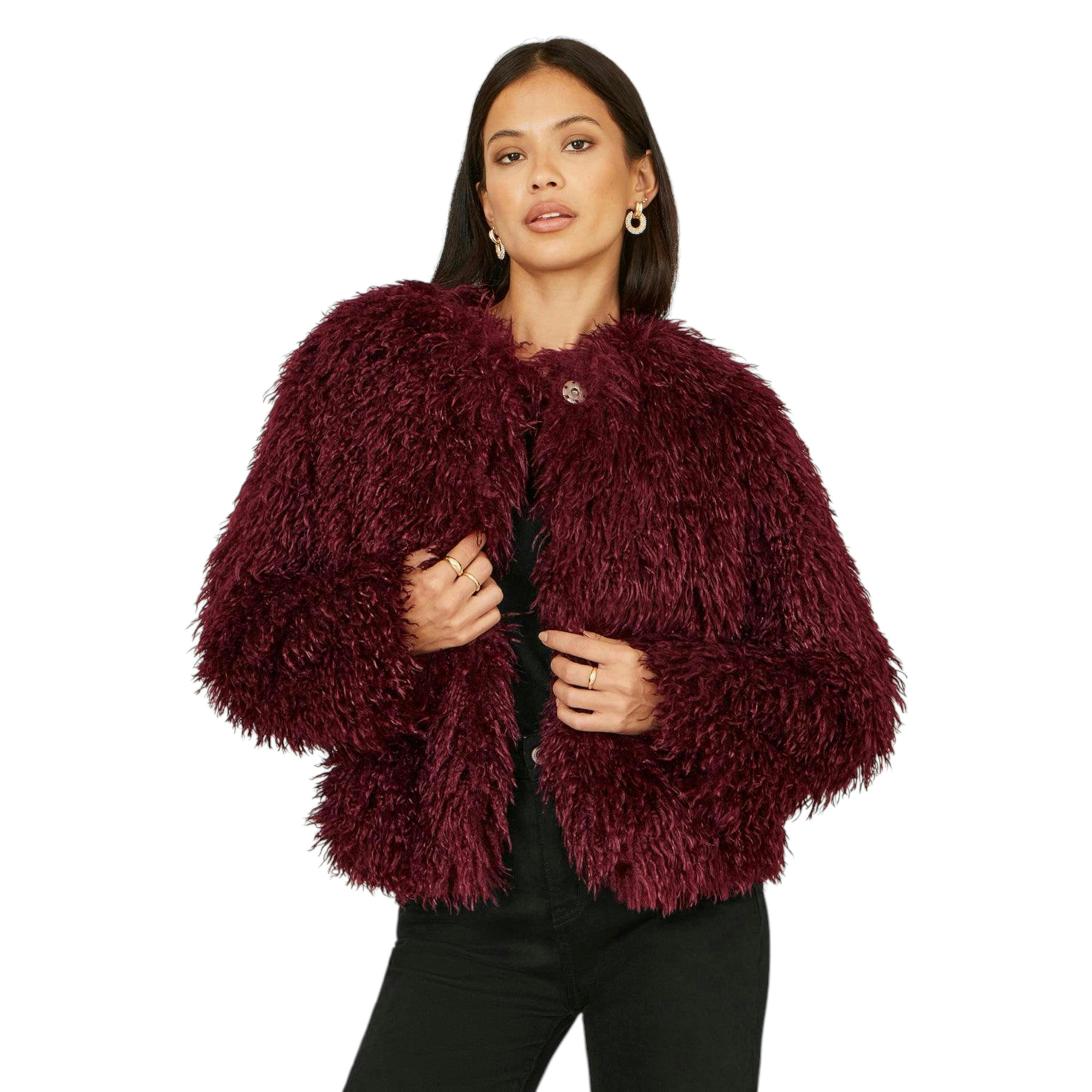 Yumi Burgundy Luxe Fluffy Faux Fur Coat , view 1 of 6