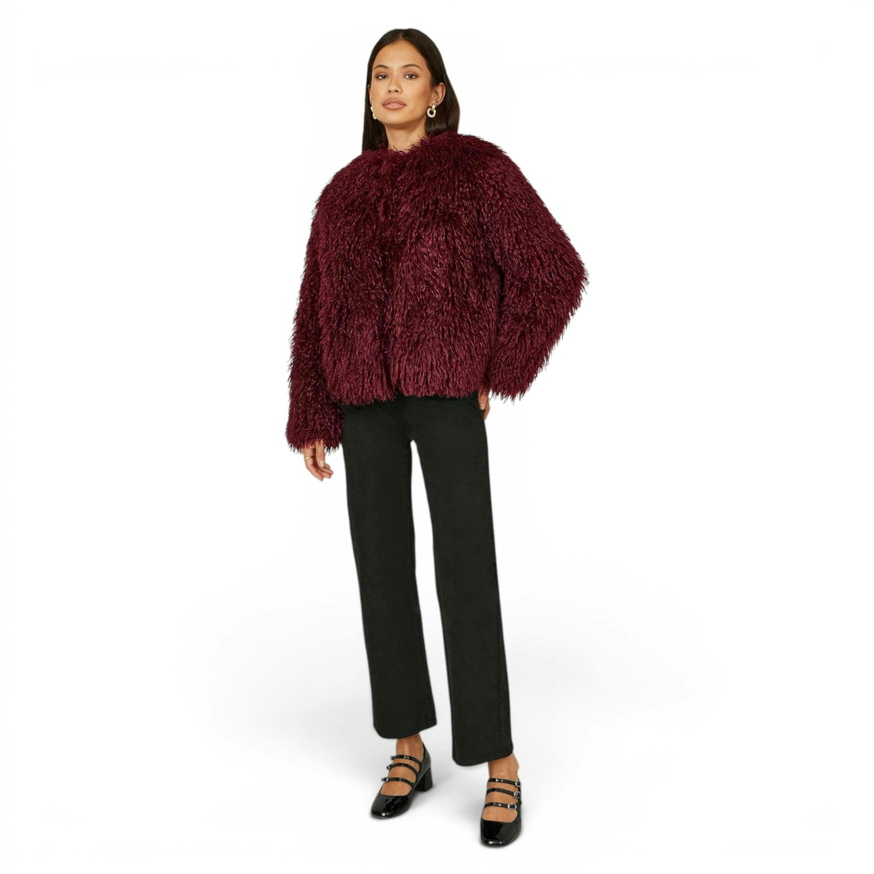 Yumi Burgundy Luxe Fluffy Faux Fur Coat , view 2 of 6