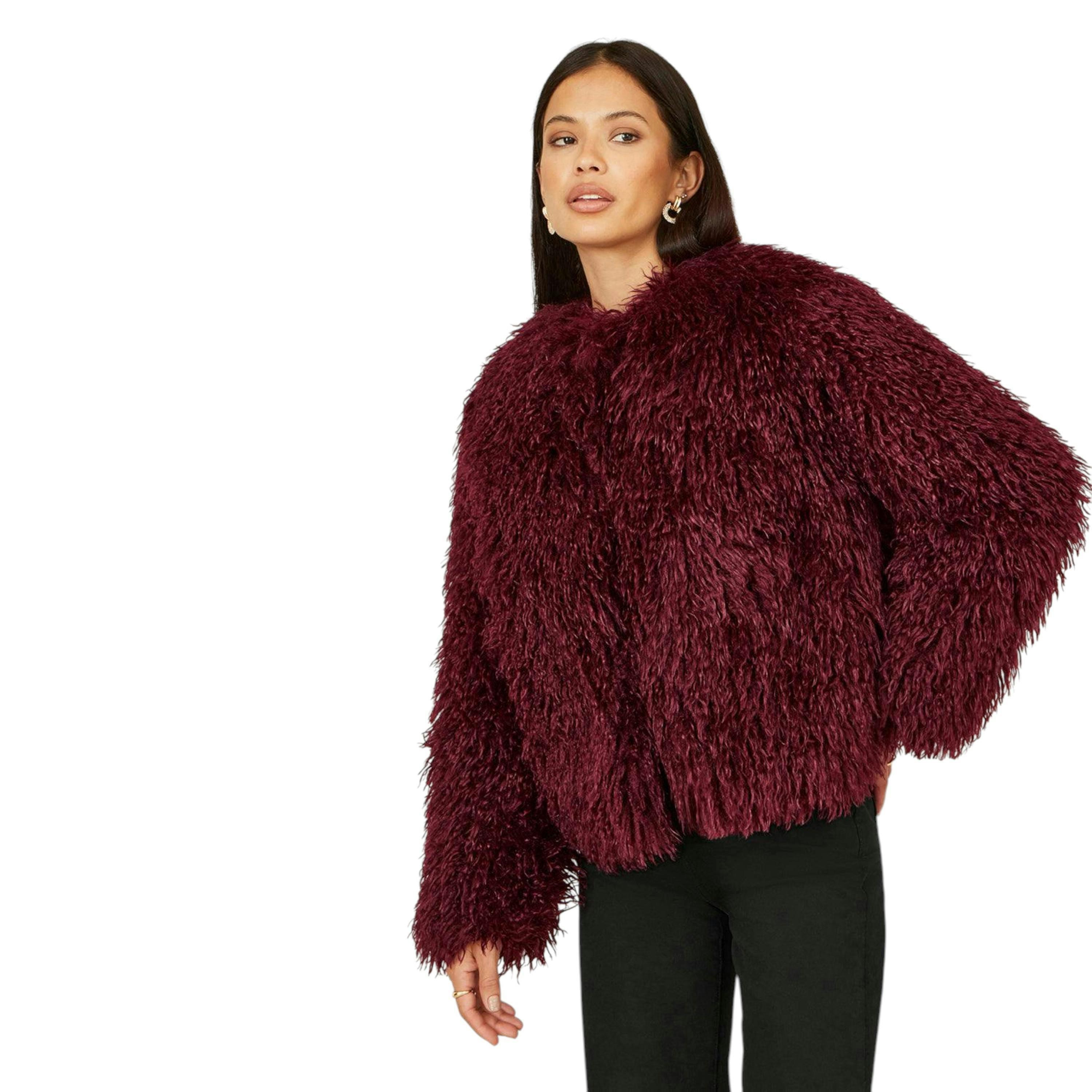 Yumi Burgundy Luxe Fluffy Faux Fur Coat , view 3 of 6