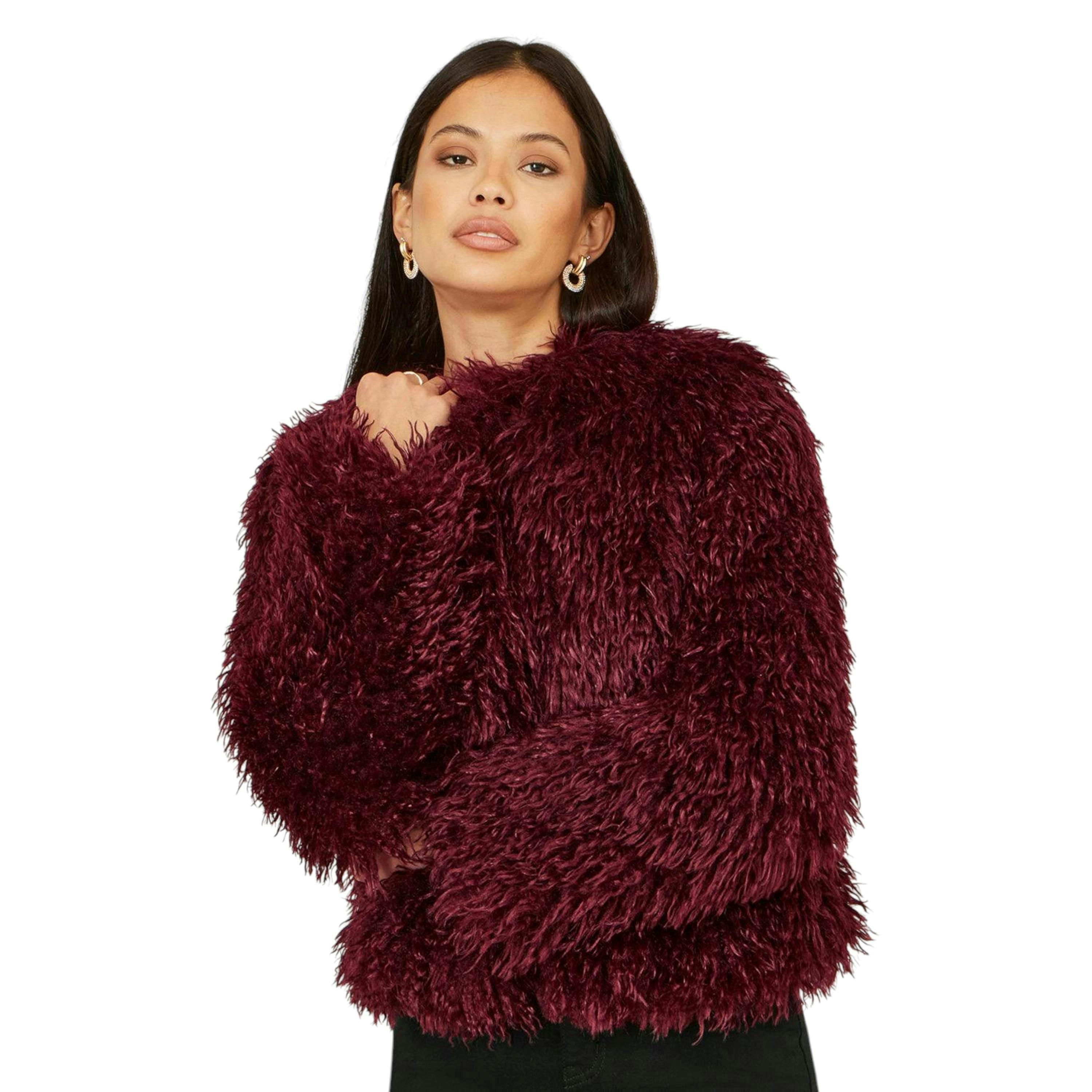 Yumi Burgundy Luxe Fluffy Faux Fur Coat , view 4 of 6