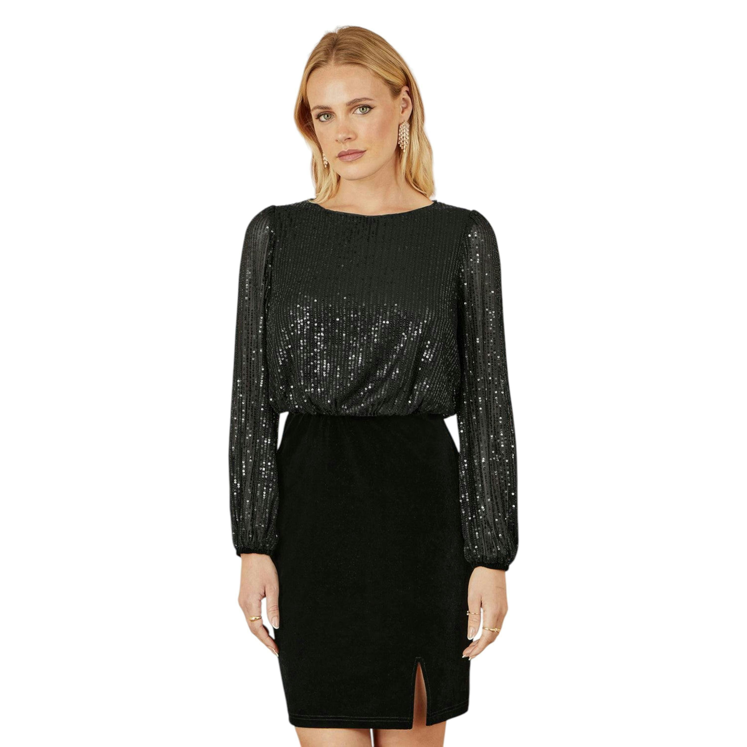 Yumi Black Sequin And Velvet Mini Dress , view 1 of 6