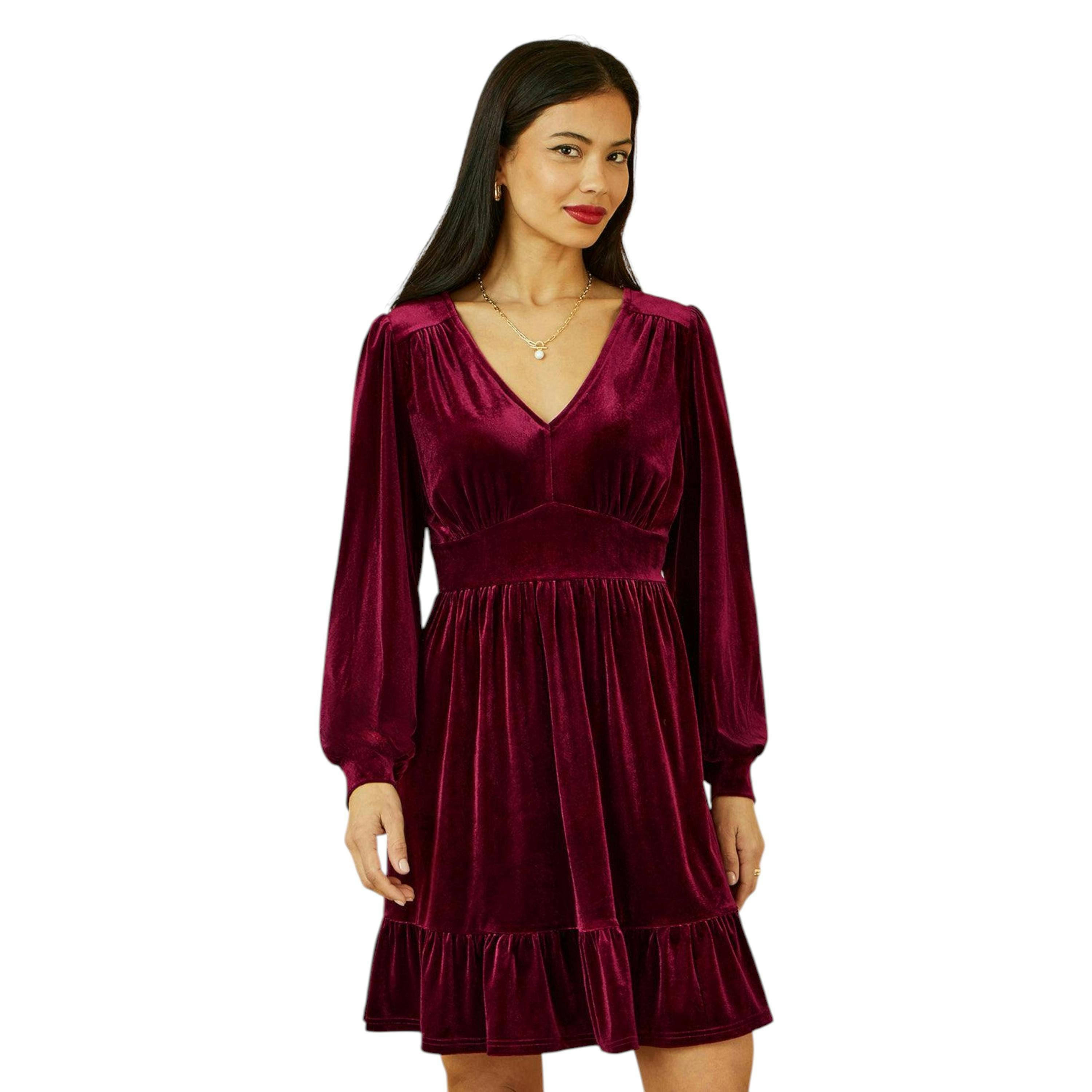 Yumi Burgundy Velvet Long Sleeve Skater Dress , view 1 of 6