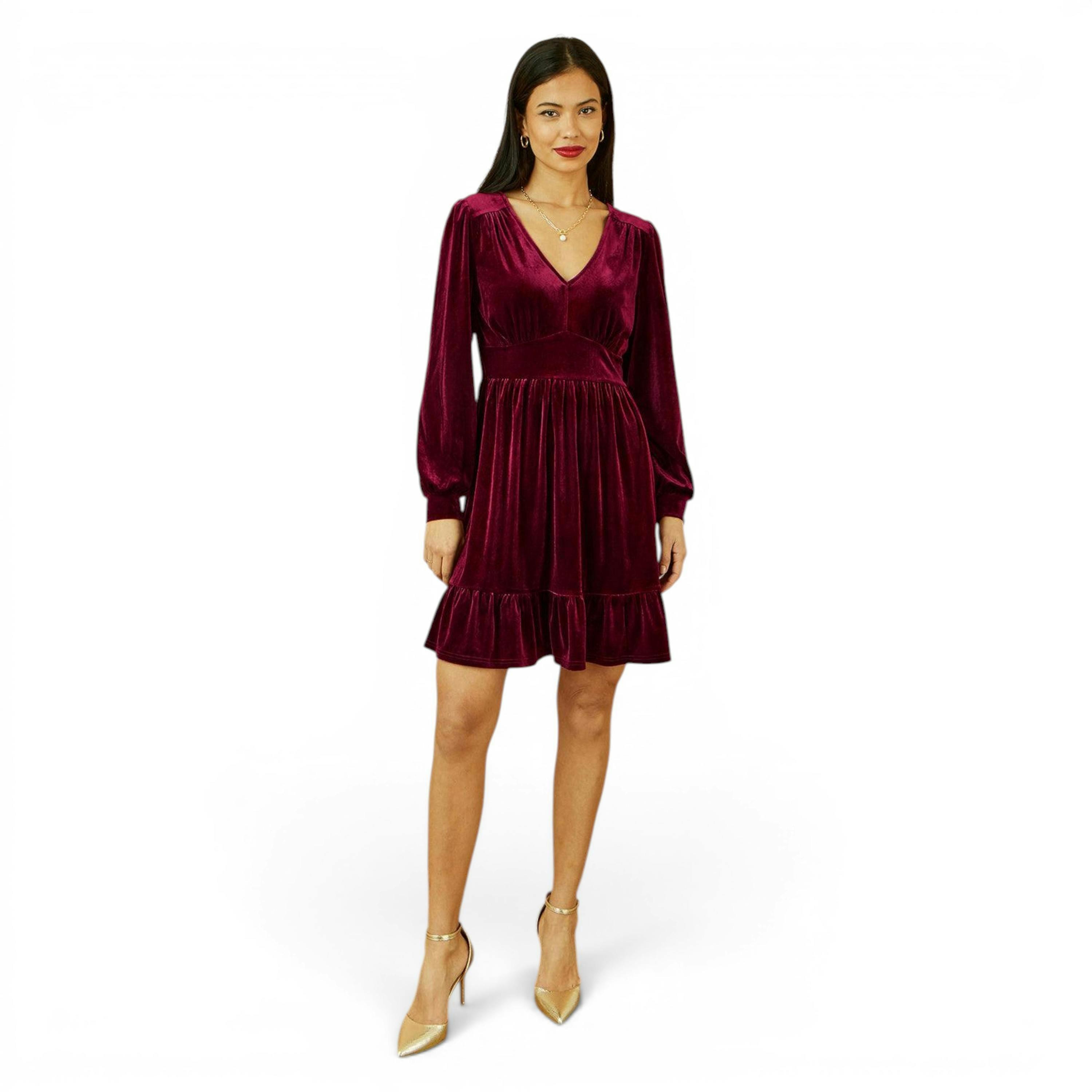 Yumi Burgundy Velvet Long Sleeve Skater Dress , view 2 of 6