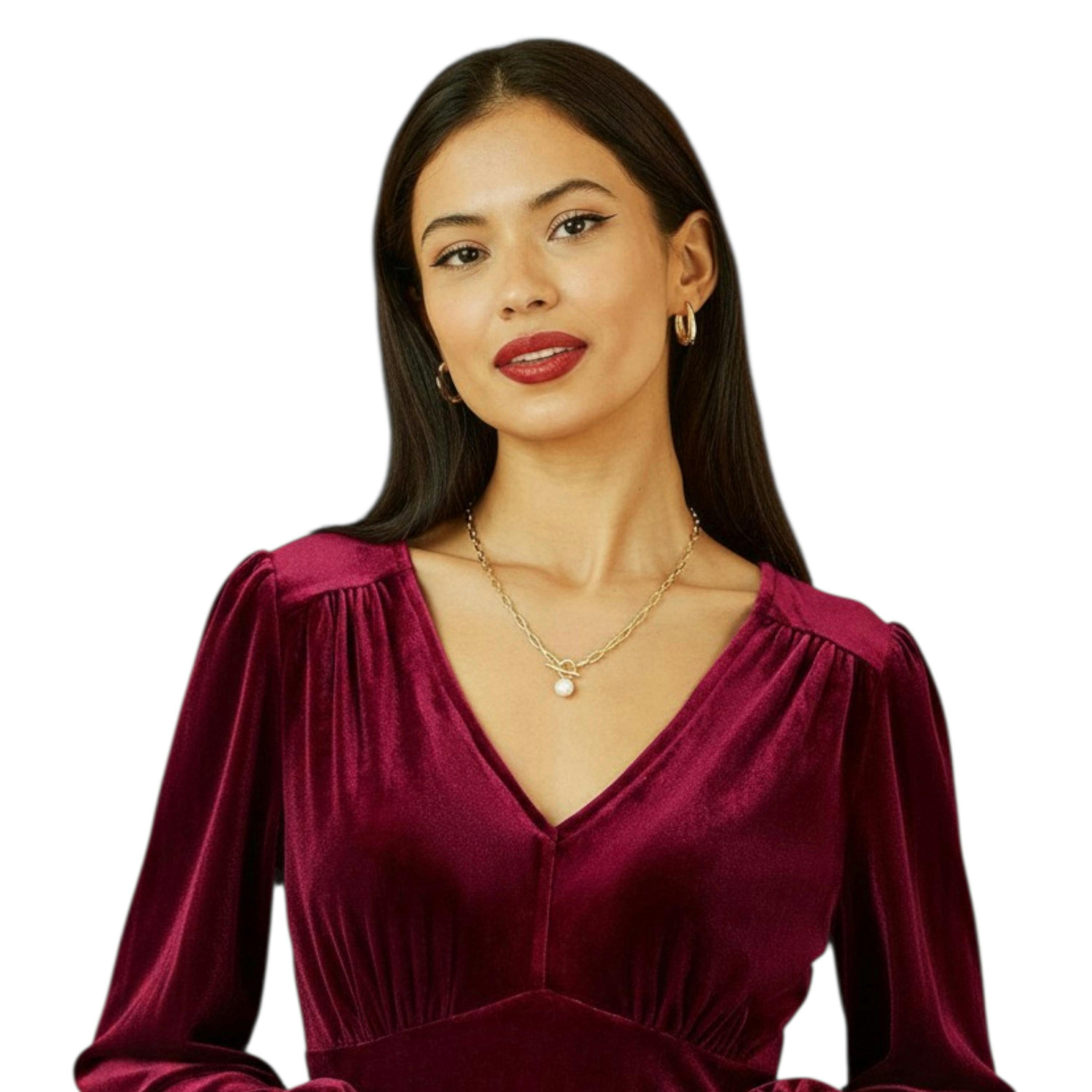 Yumi Burgundy Velvet Long Sleeve Skater Dress , view 3 of 6