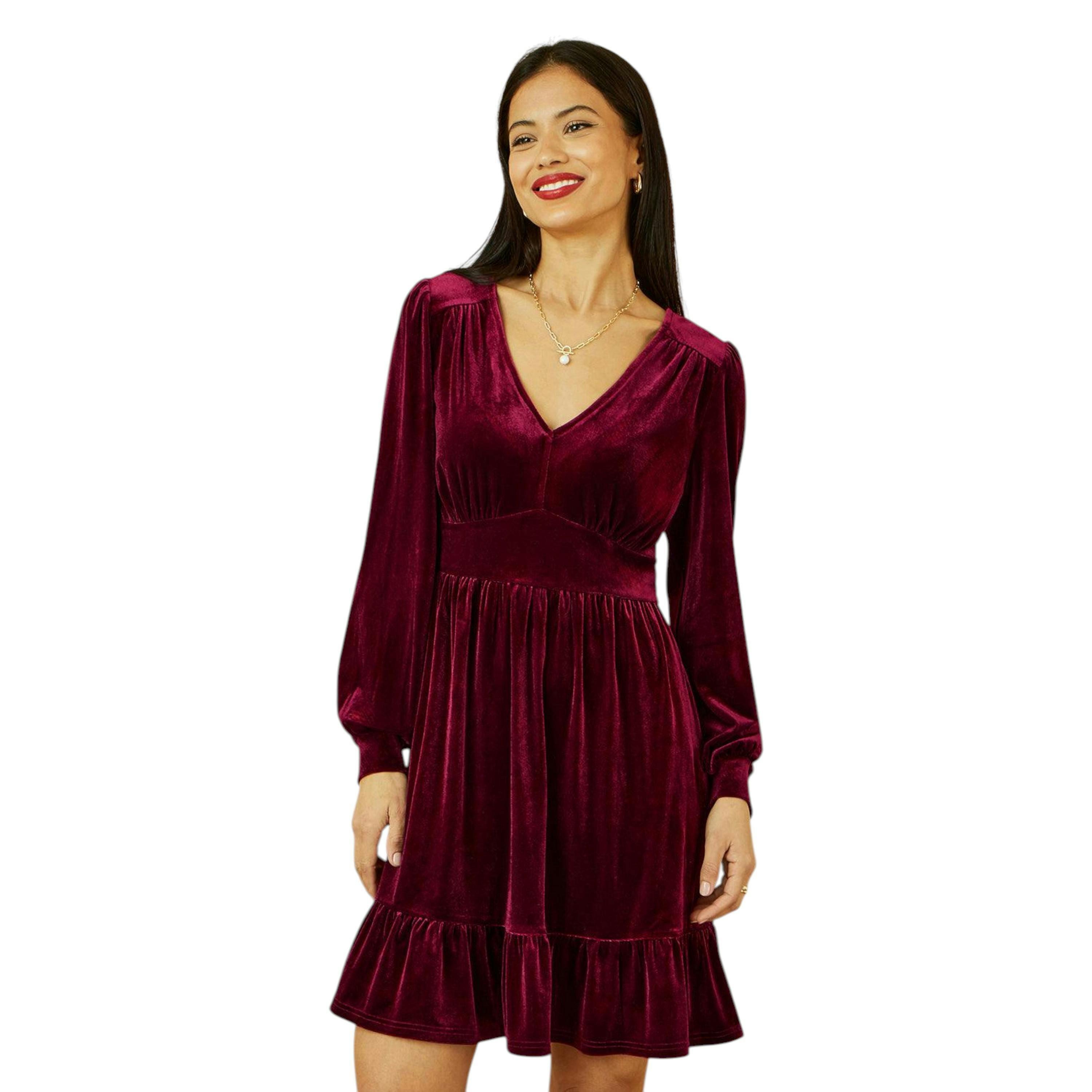 Yumi Burgundy Velvet Long Sleeve Skater Dress , view 4 of 6