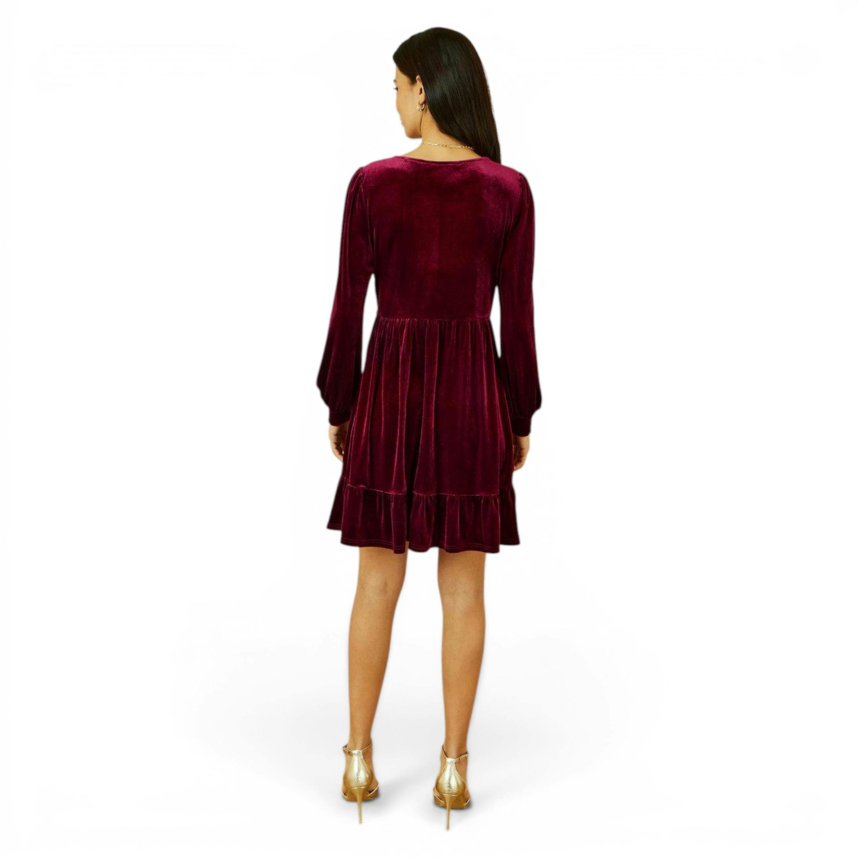 Yumi Burgundy Velvet Long Sleeve Skater Dress , view 5 of 6