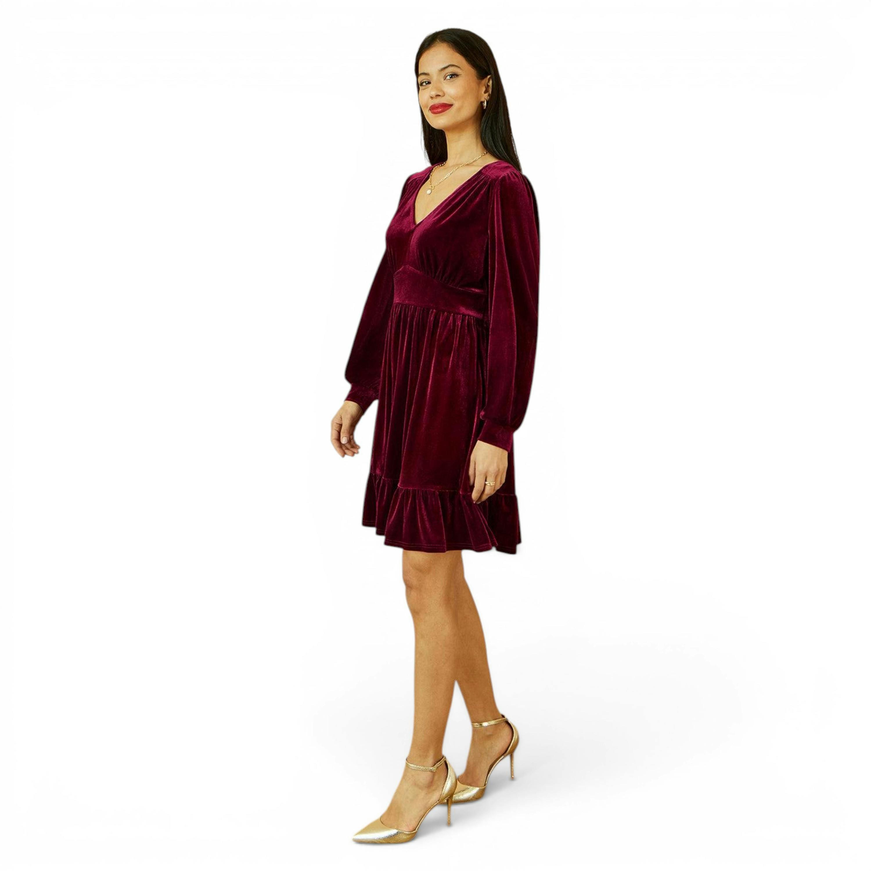 Yumi Burgundy Velvet Long Sleeve Skater Dress , view 6 of 6