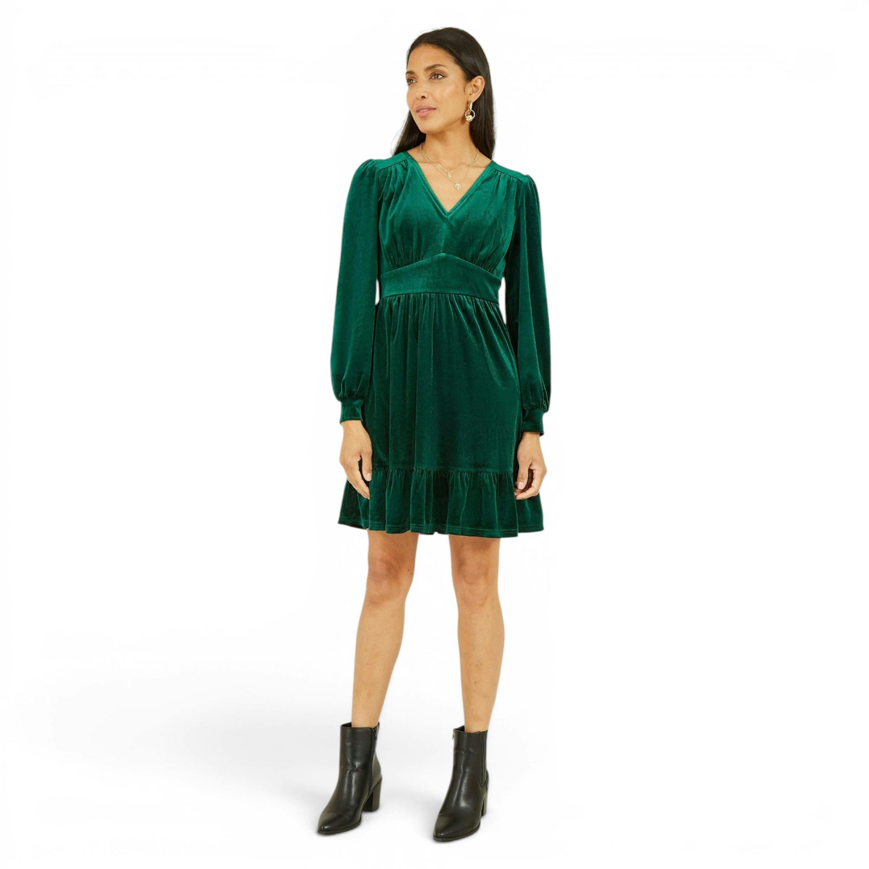 Yumi Green Velvet Long Sleeve Skater Dress , view 1 of 3