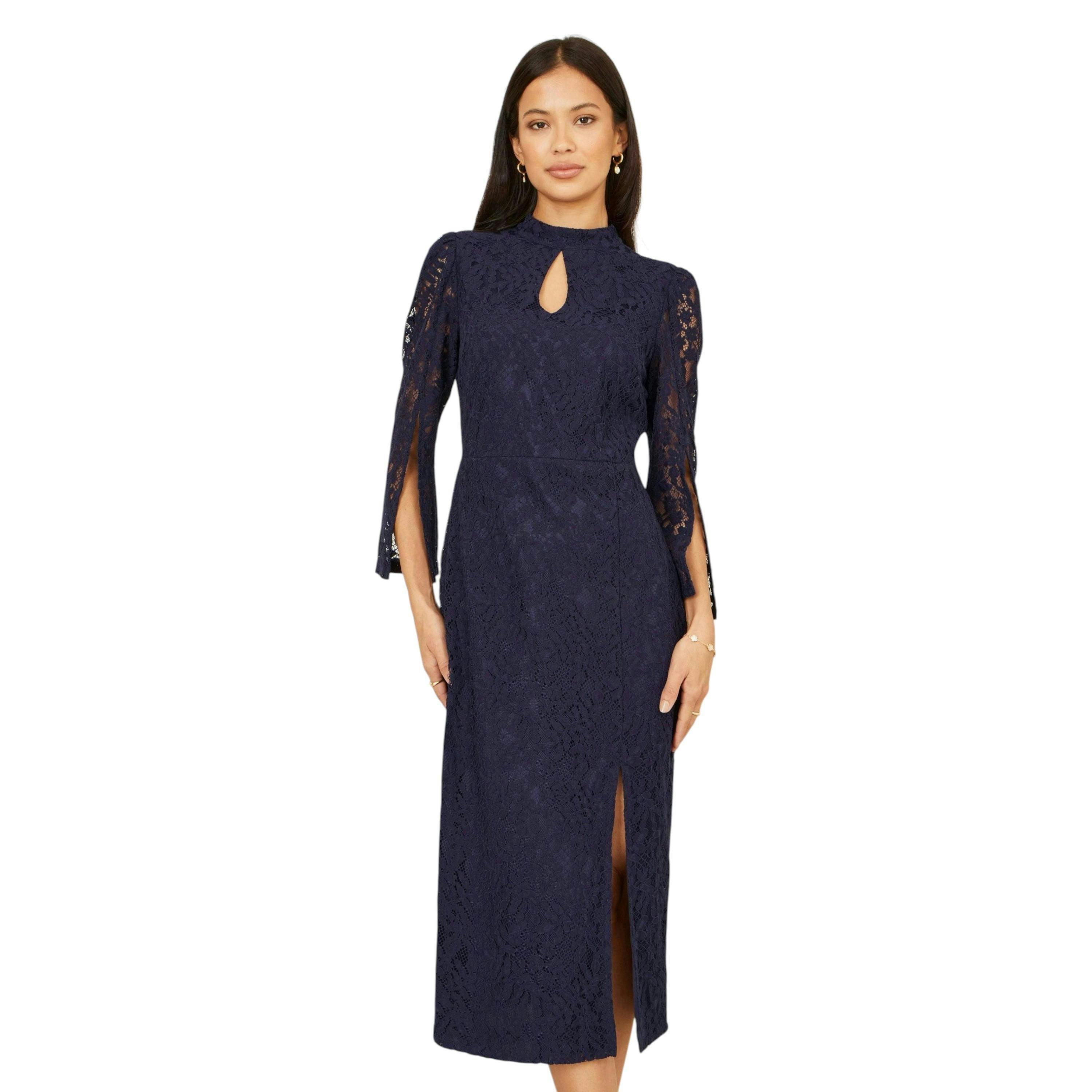 Yumi Navy Lace Fitted Midi Dress With Flute Sleeves , view 1 of 6