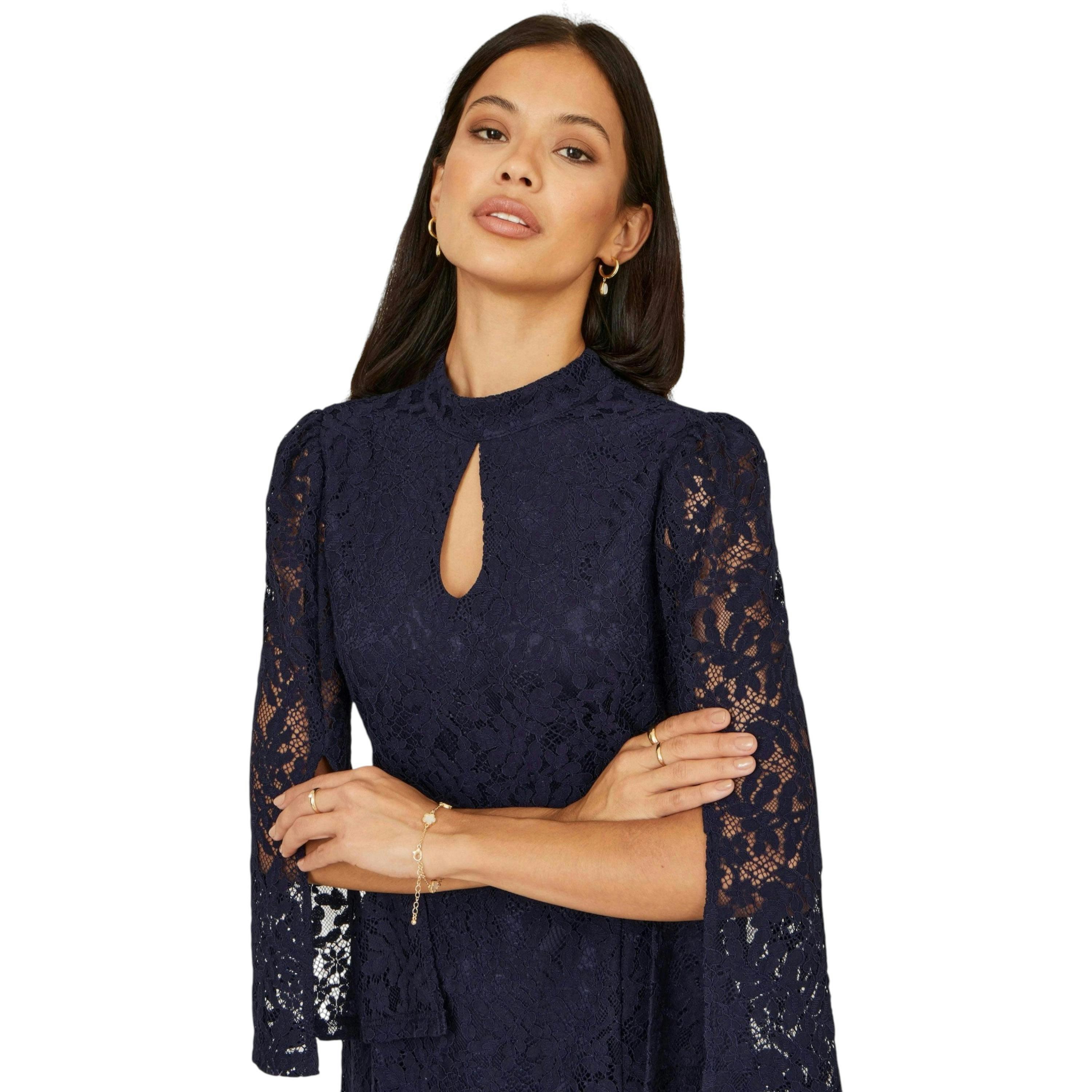 Yumi Navy Lace Fitted Midi Dress With Flute Sleeves , view 2 of 6