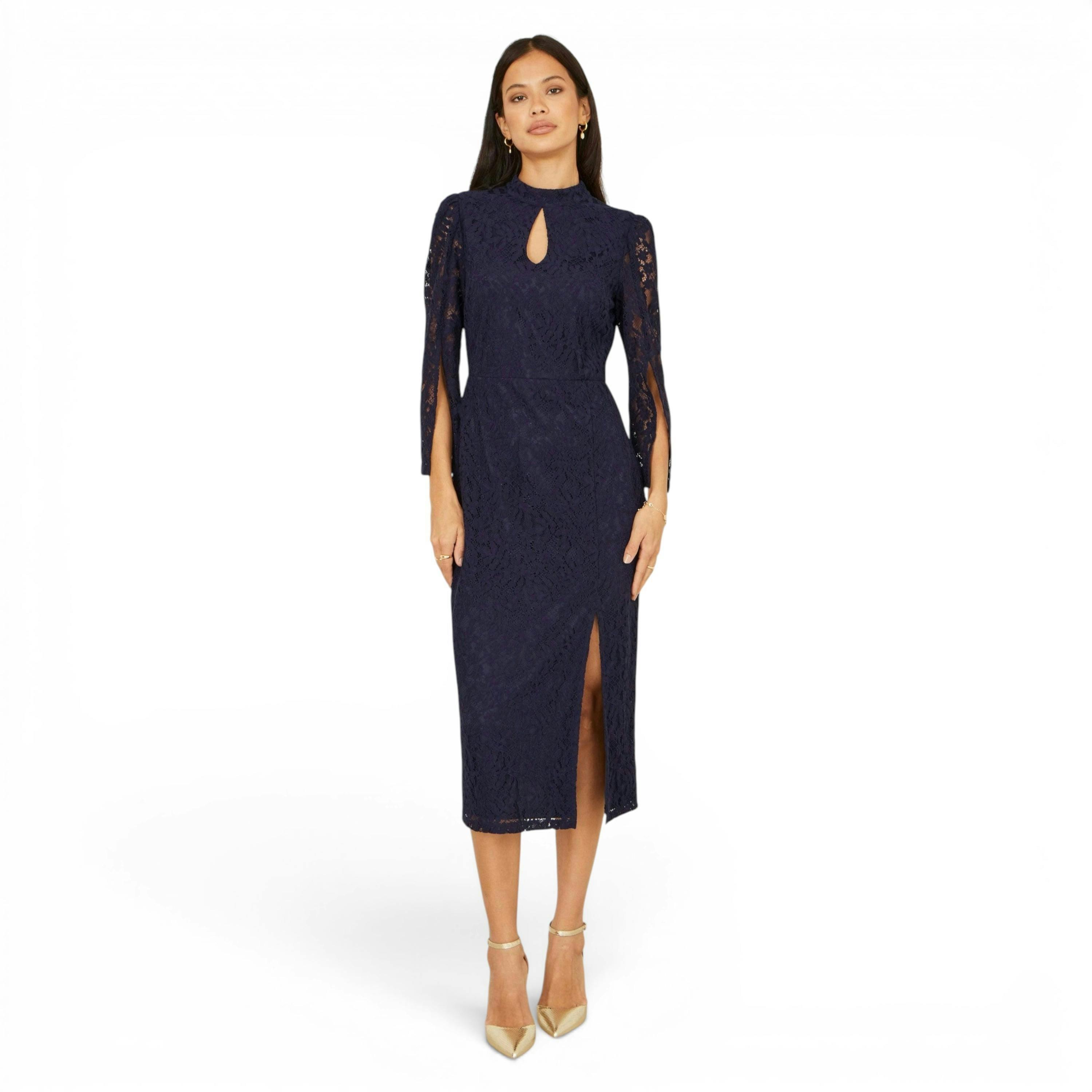 Yumi Navy Lace Fitted Midi Dress With Flute Sleeves , view 3 of 6