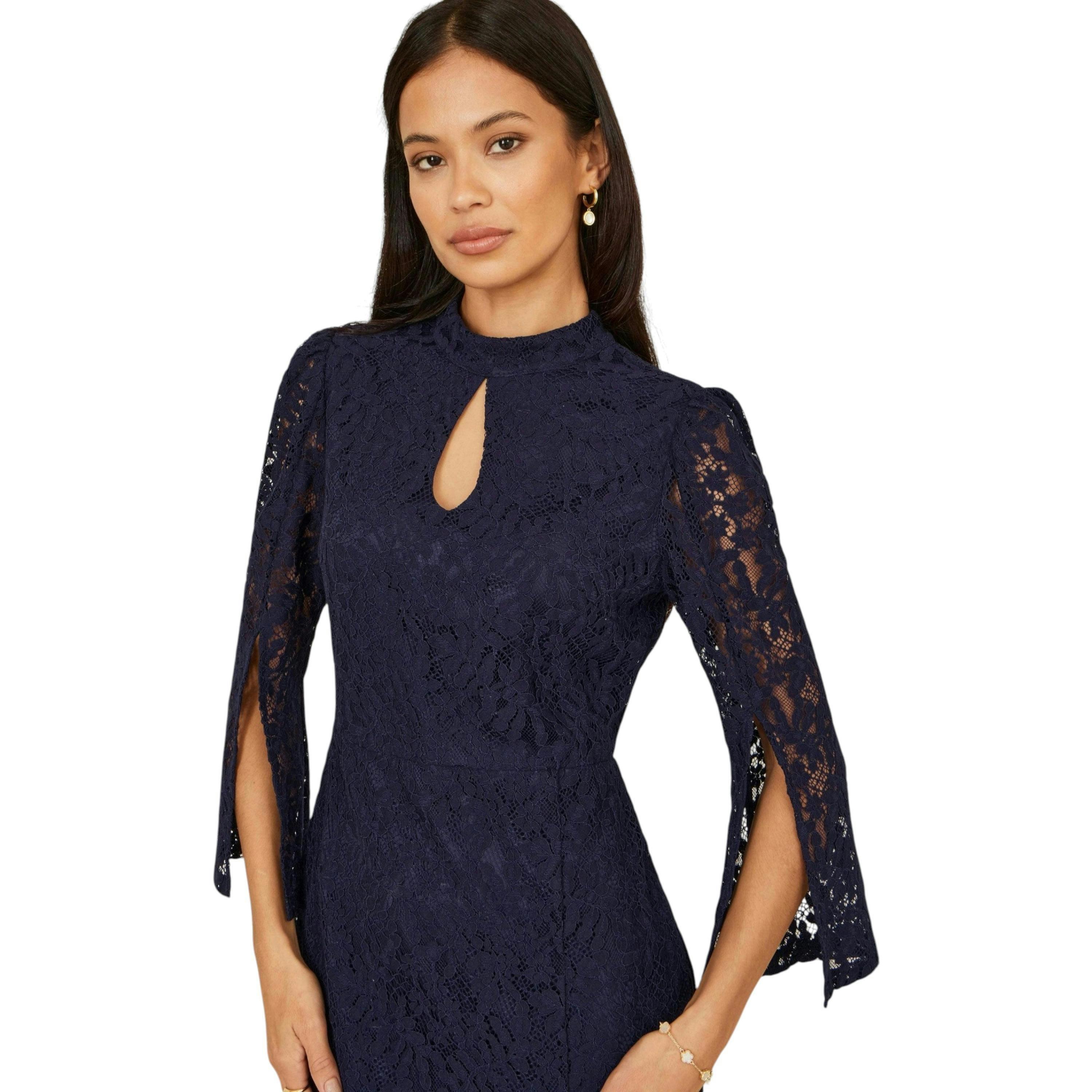 Yumi Navy Lace Fitted Midi Dress With Flute Sleeves , view 4 of 6