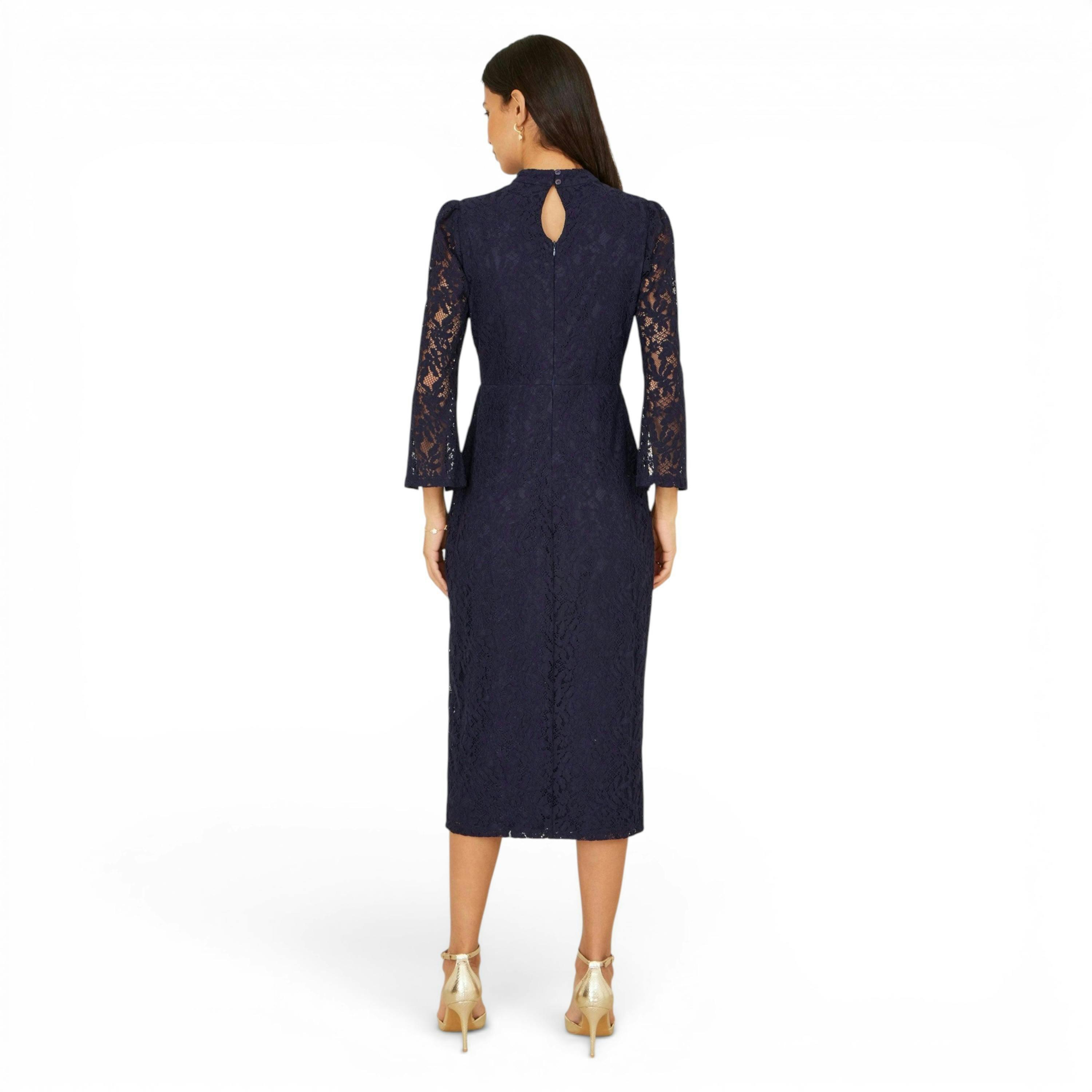 Yumi Navy Lace Fitted Midi Dress With Flute Sleeves , view 5 of 6
