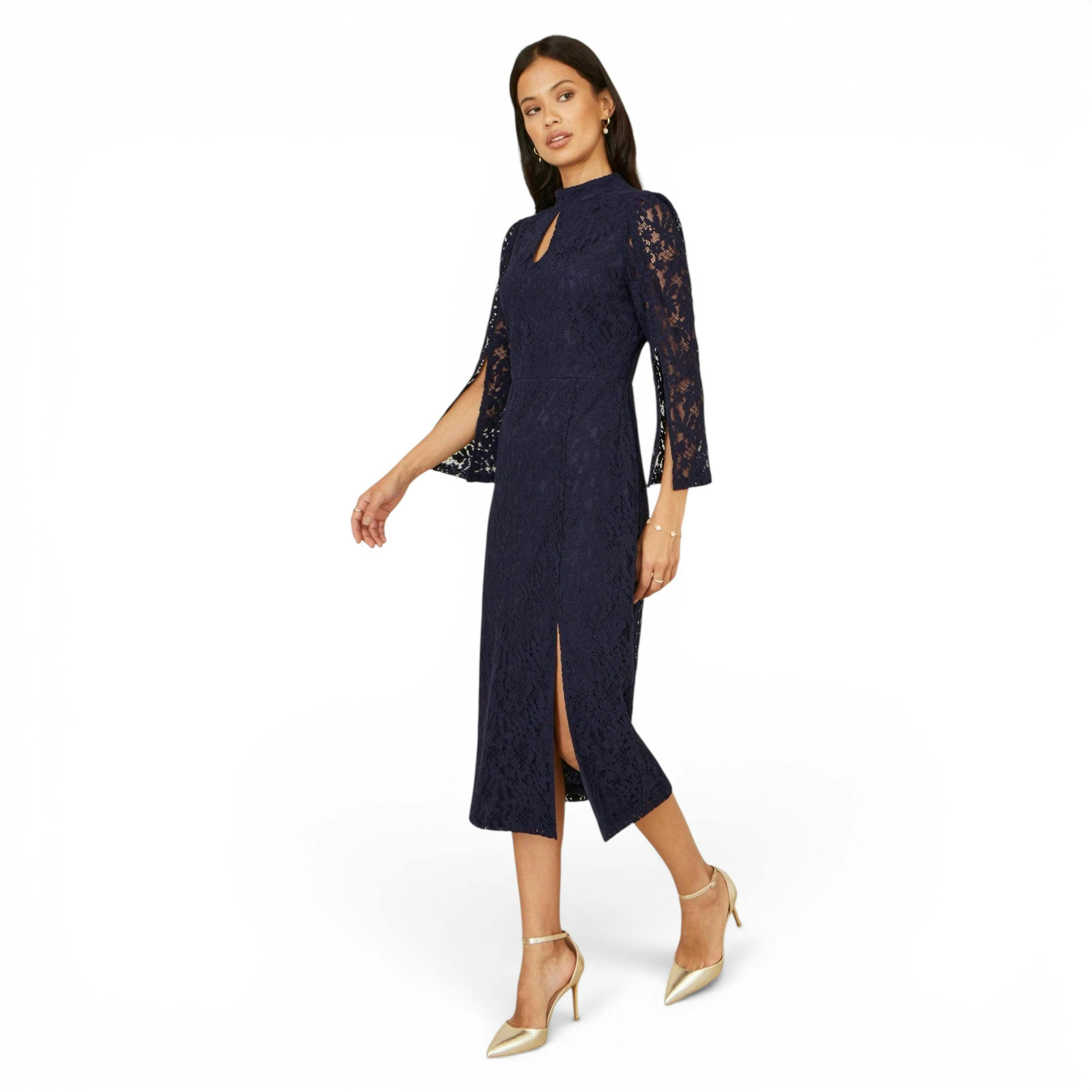 Yumi Navy Lace Fitted Midi Dress With Flute Sleeves , view 6 of 6