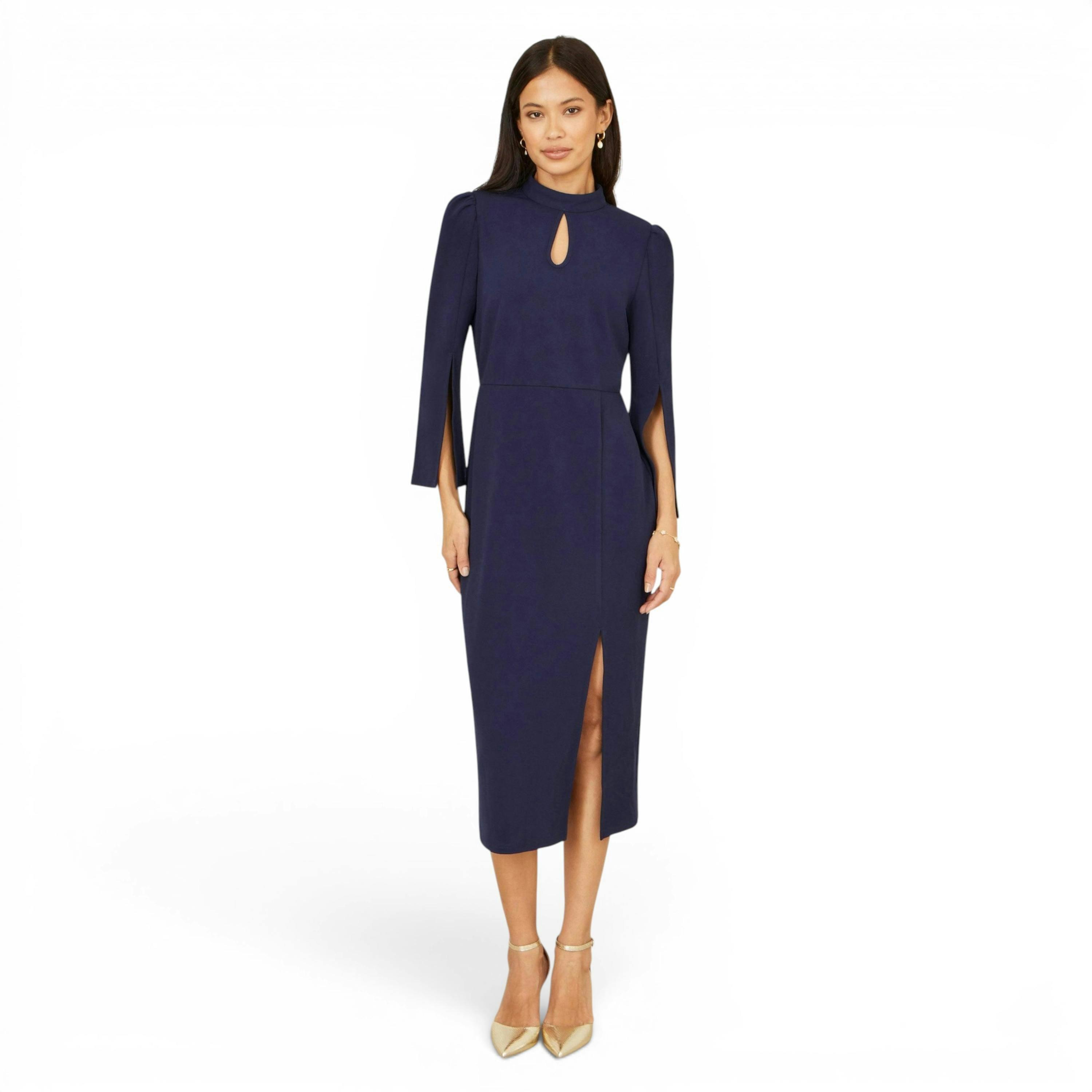 Yumi Navy Fitted Midi Dress With Flute Sleeves , view 1 of 6