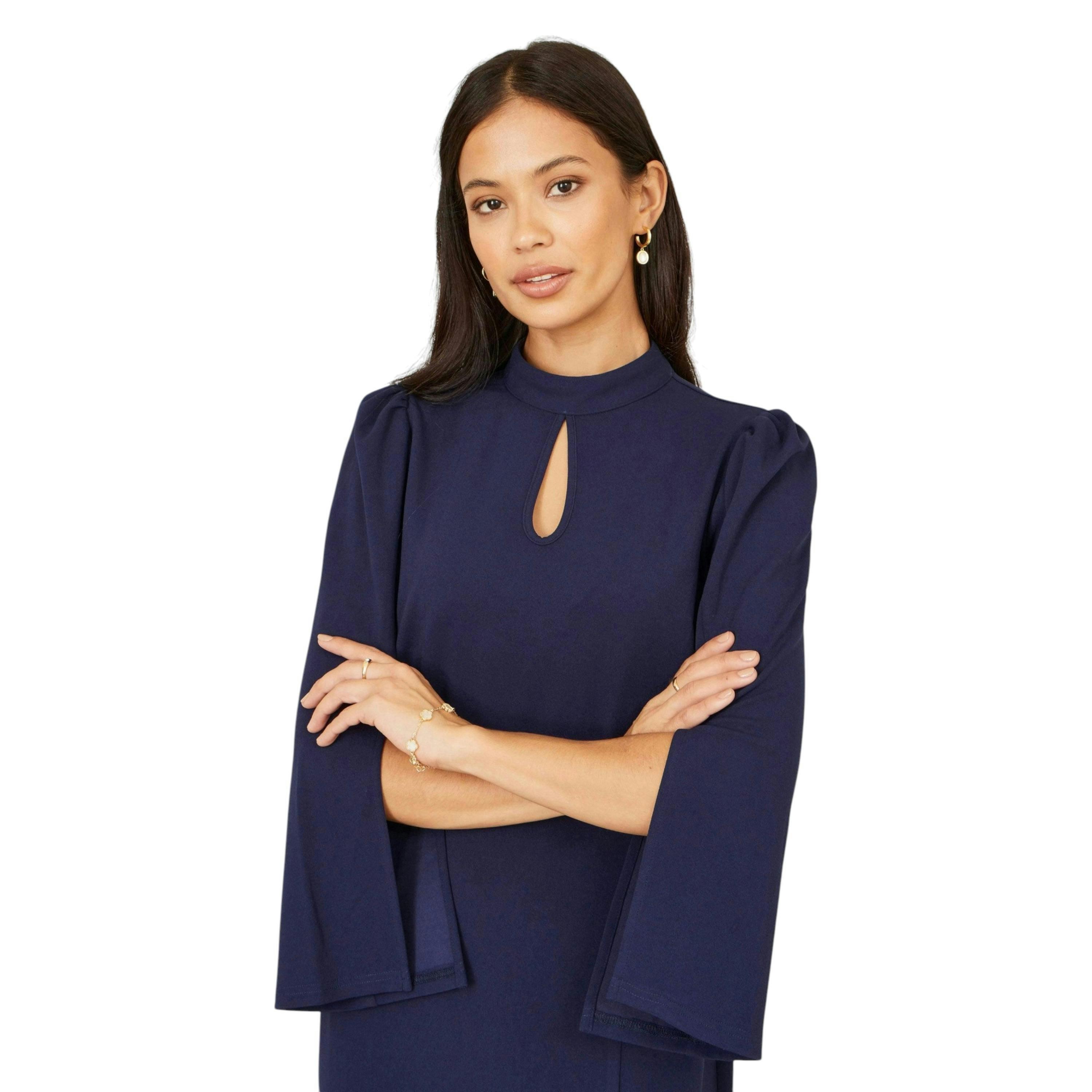 Yumi Navy Fitted Midi Dress With Flute Sleeves , view 2 of 6