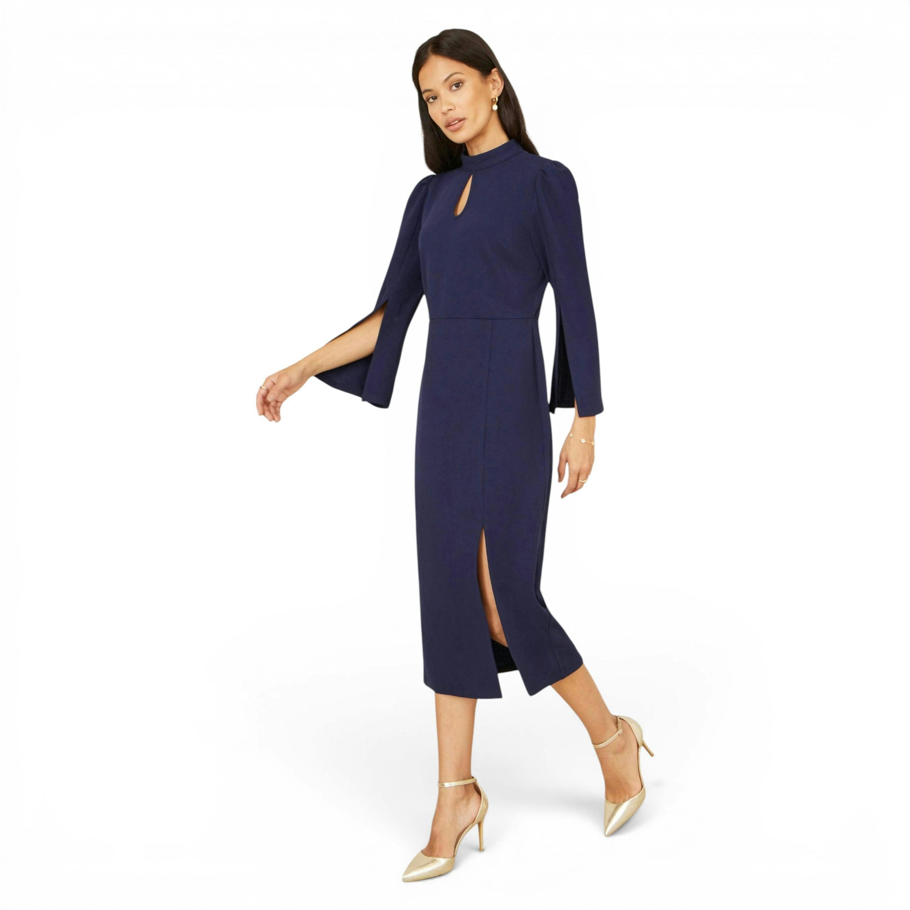 Yumi Navy Fitted Midi Dress With Flute Sleeves , view 3 of 6