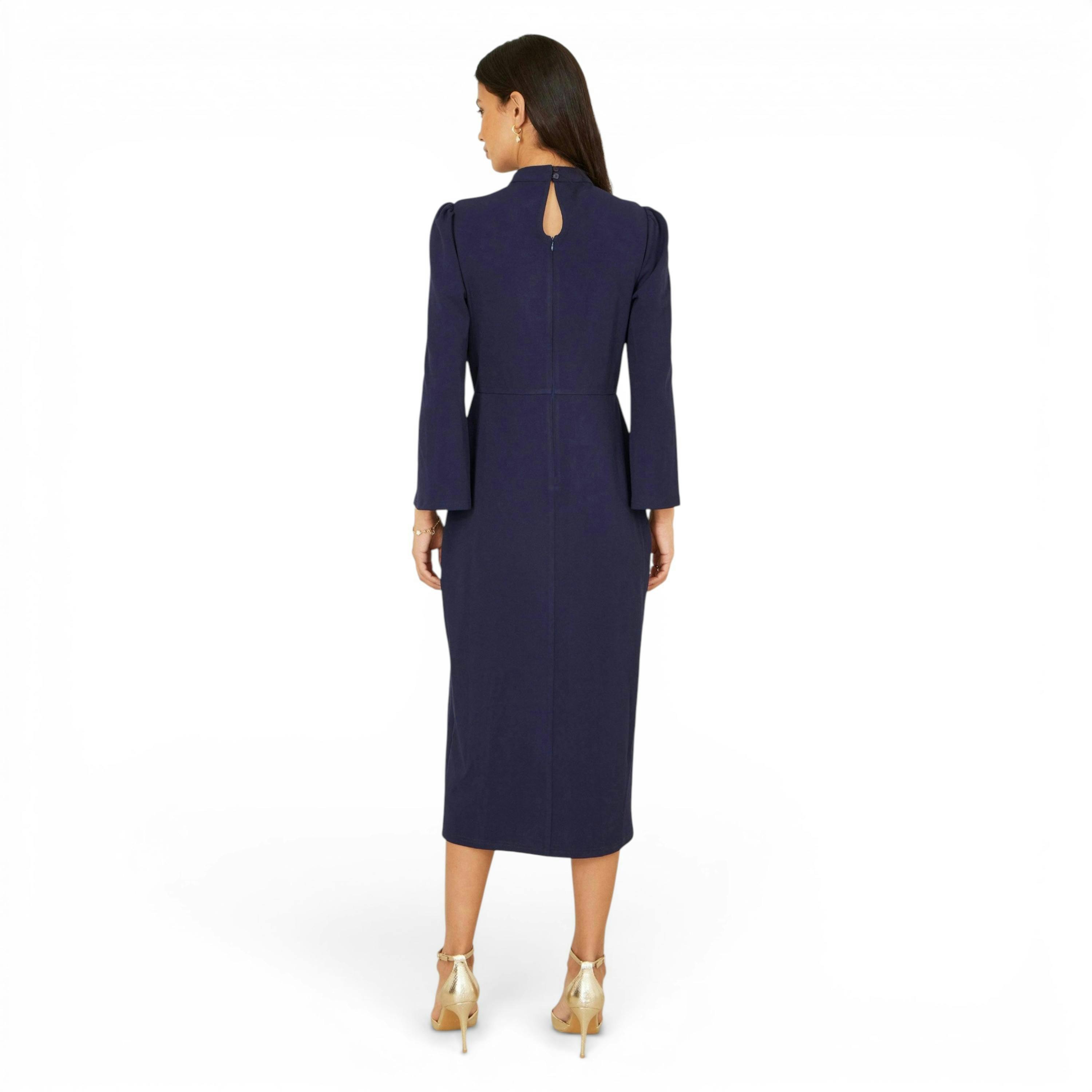 Yumi Navy Fitted Midi Dress With Flute Sleeves , view 4 of 6