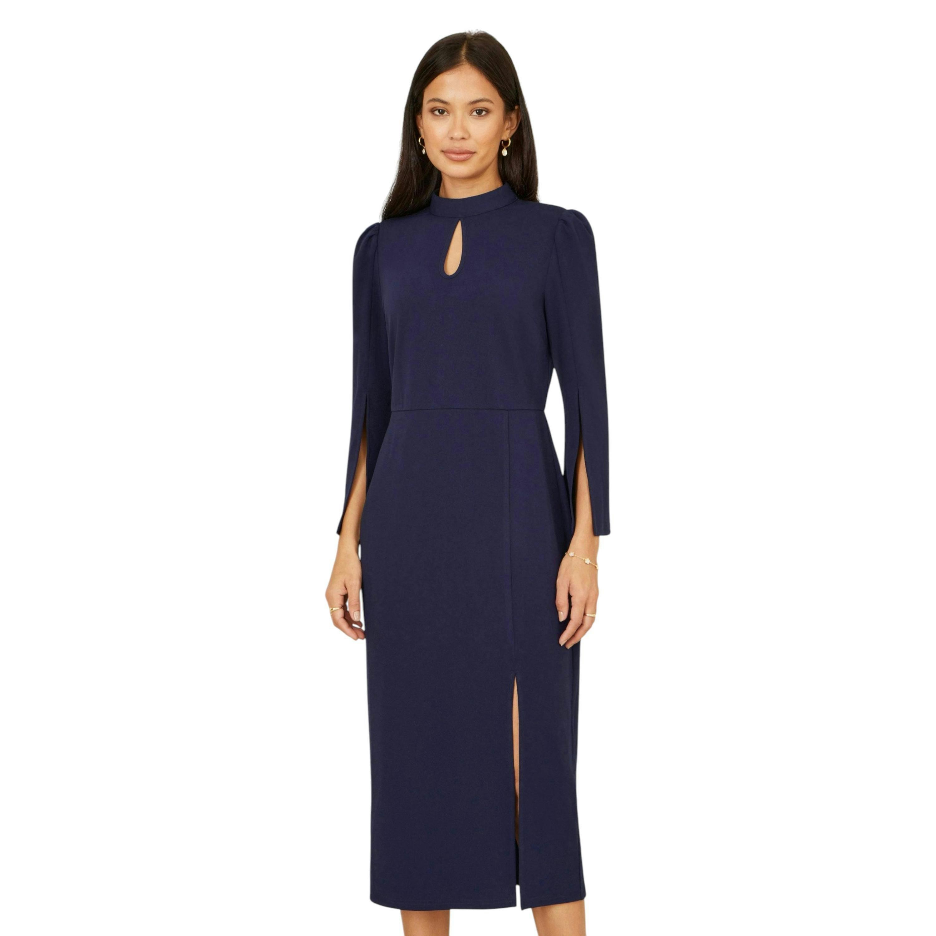 Yumi Navy Fitted Midi Dress With Flute Sleeves , view 6 of 6