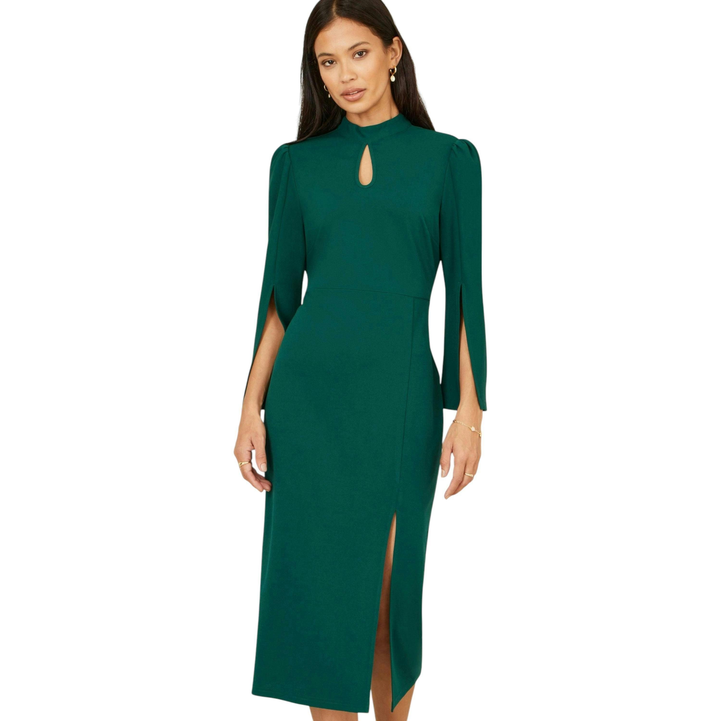 Yumi Green Fitted Midi Dress With Flute Sleeves , view 1 of 6