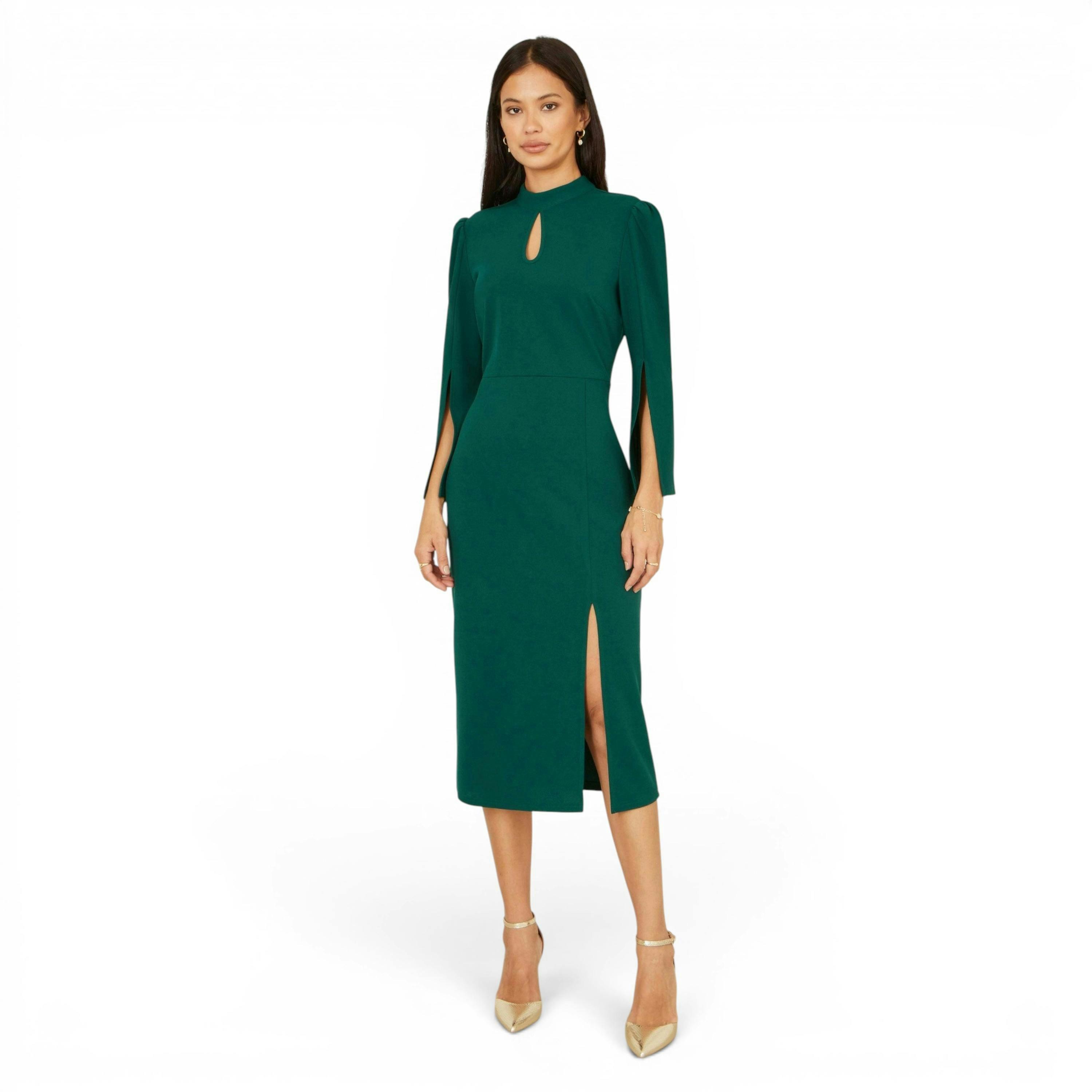 Yumi Green Fitted Midi Dress With Flute Sleeves , view 3 of 6
