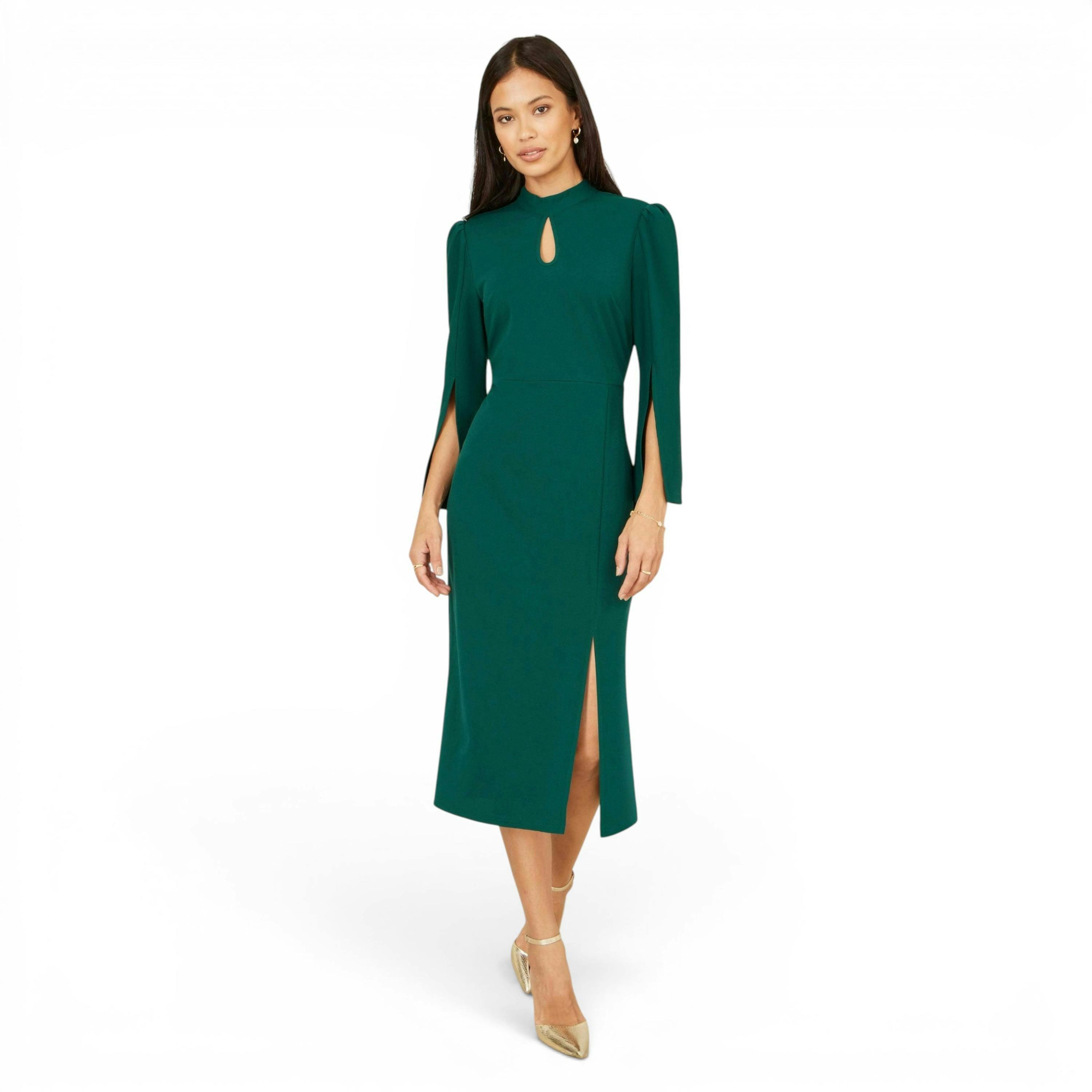 Yumi Green Fitted Midi Dress With Flute Sleeves , view 5 of 6