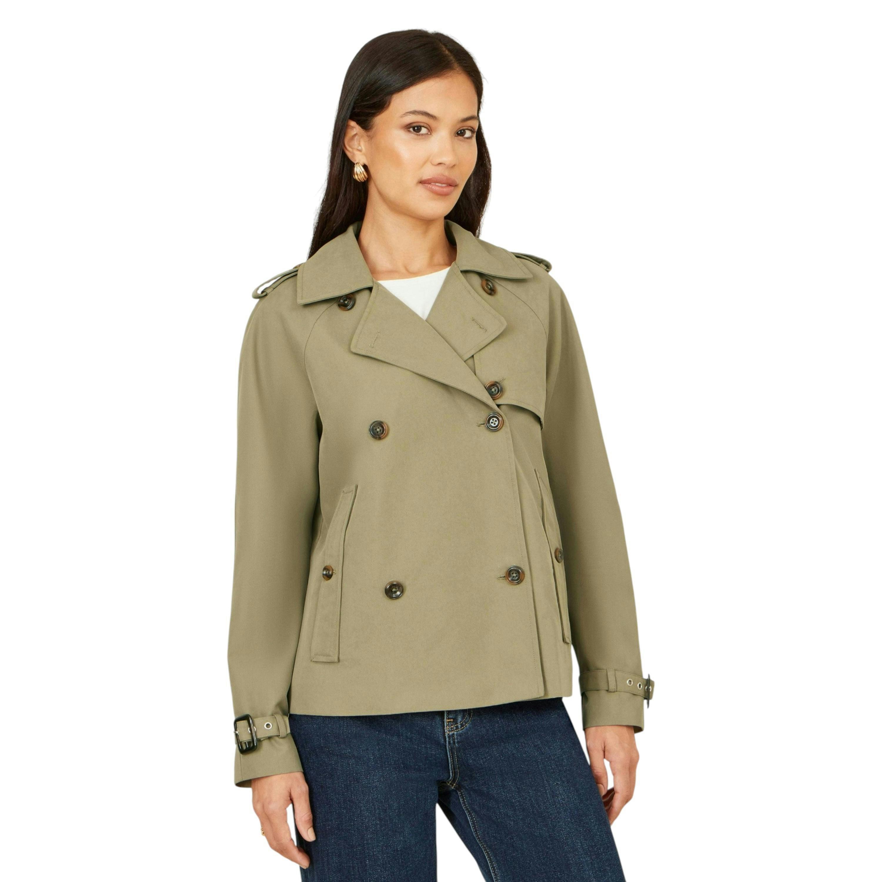Yumi Green Cropped Trench Jacket With Pockets and Check Lining , view 1 of 6