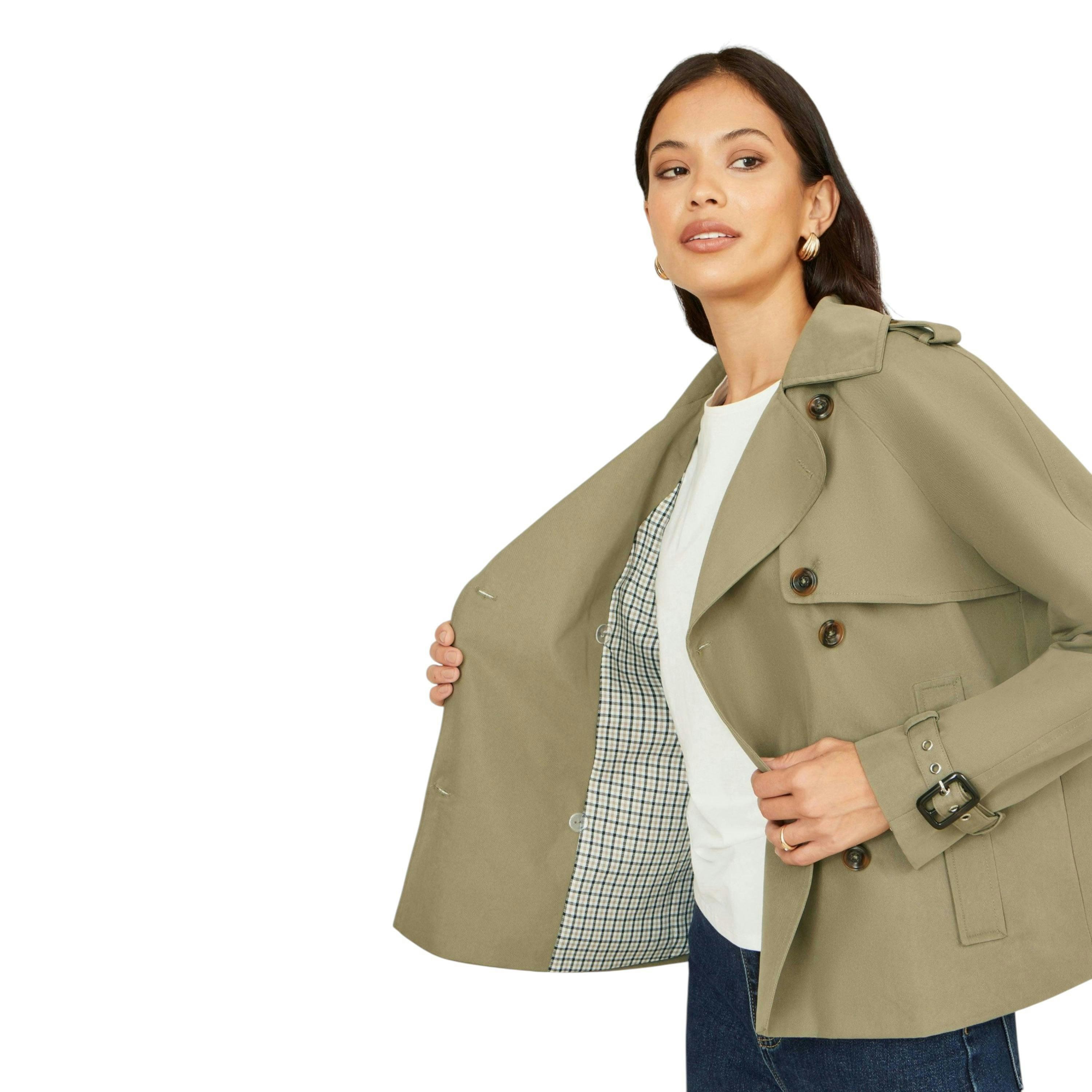 Yumi Green Cropped Trench Jacket With Pockets and Check Lining , view 2 of 6