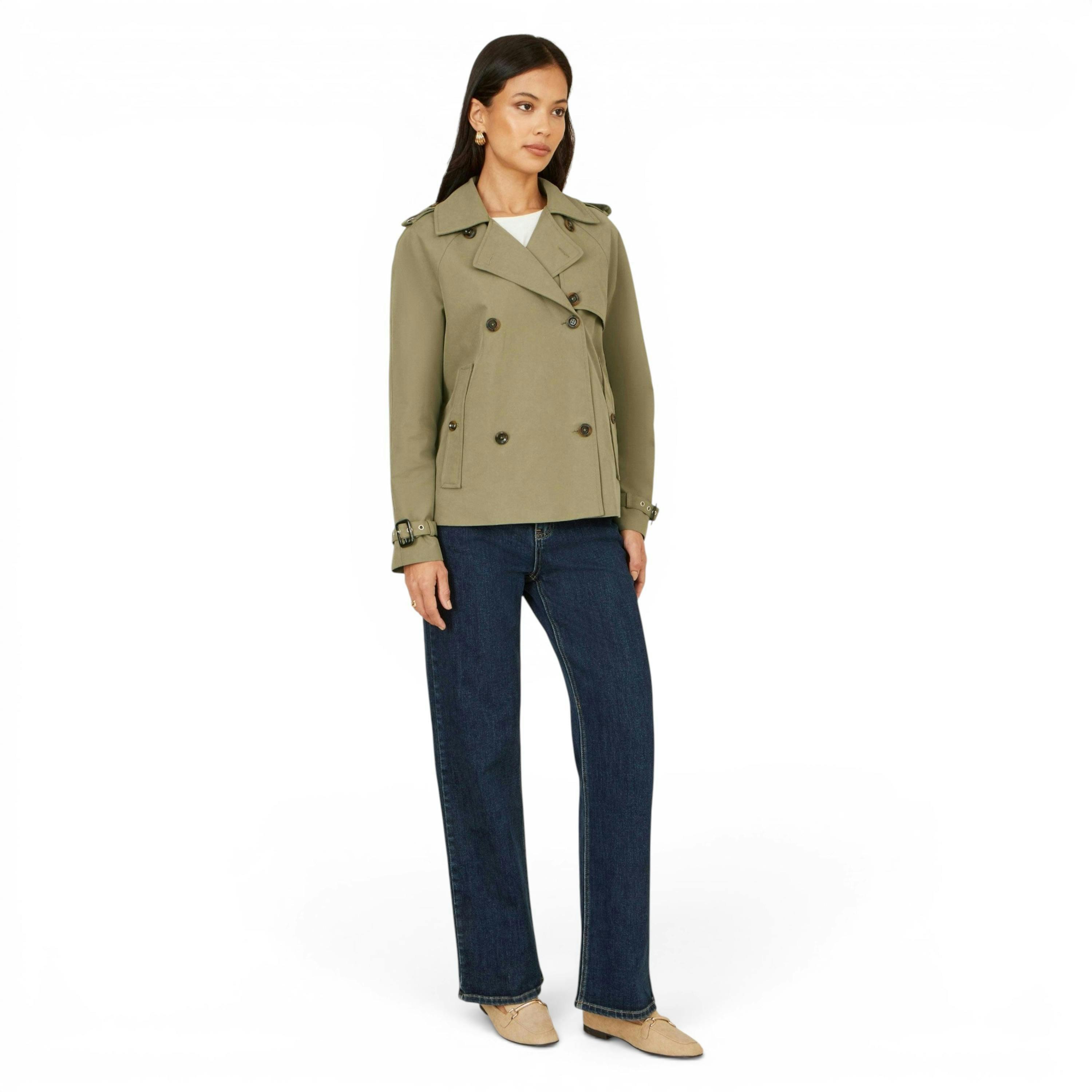 Yumi Green Cropped Trench Jacket With Pockets and Check Lining , view 3 of 6