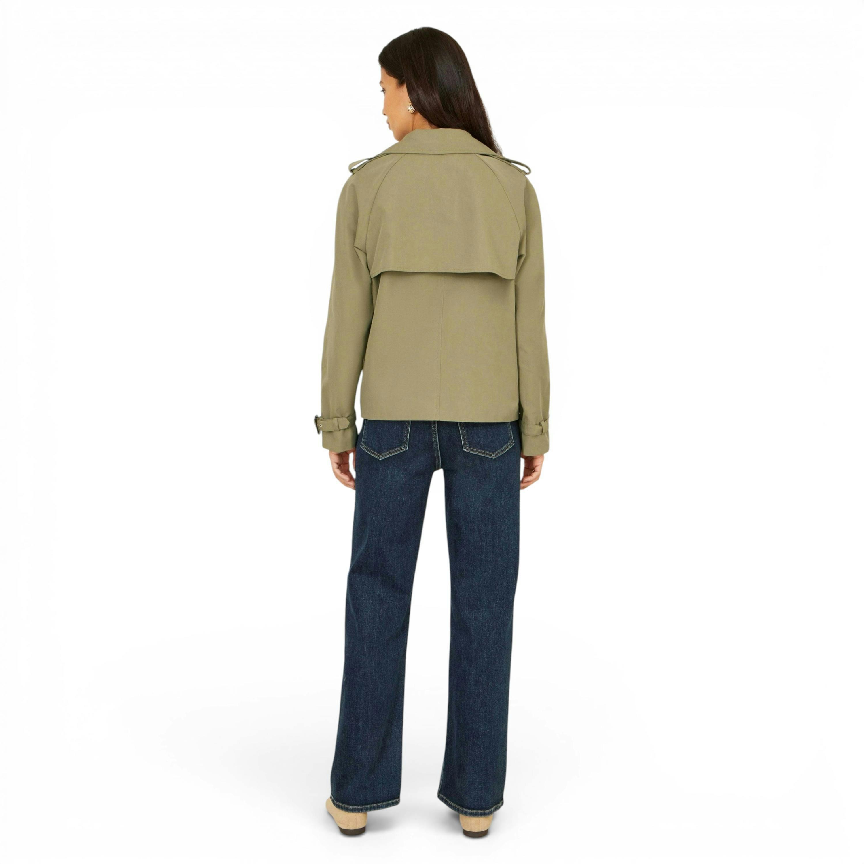 Yumi Green Cropped Trench Jacket With Pockets and Check Lining , view 4 of 6