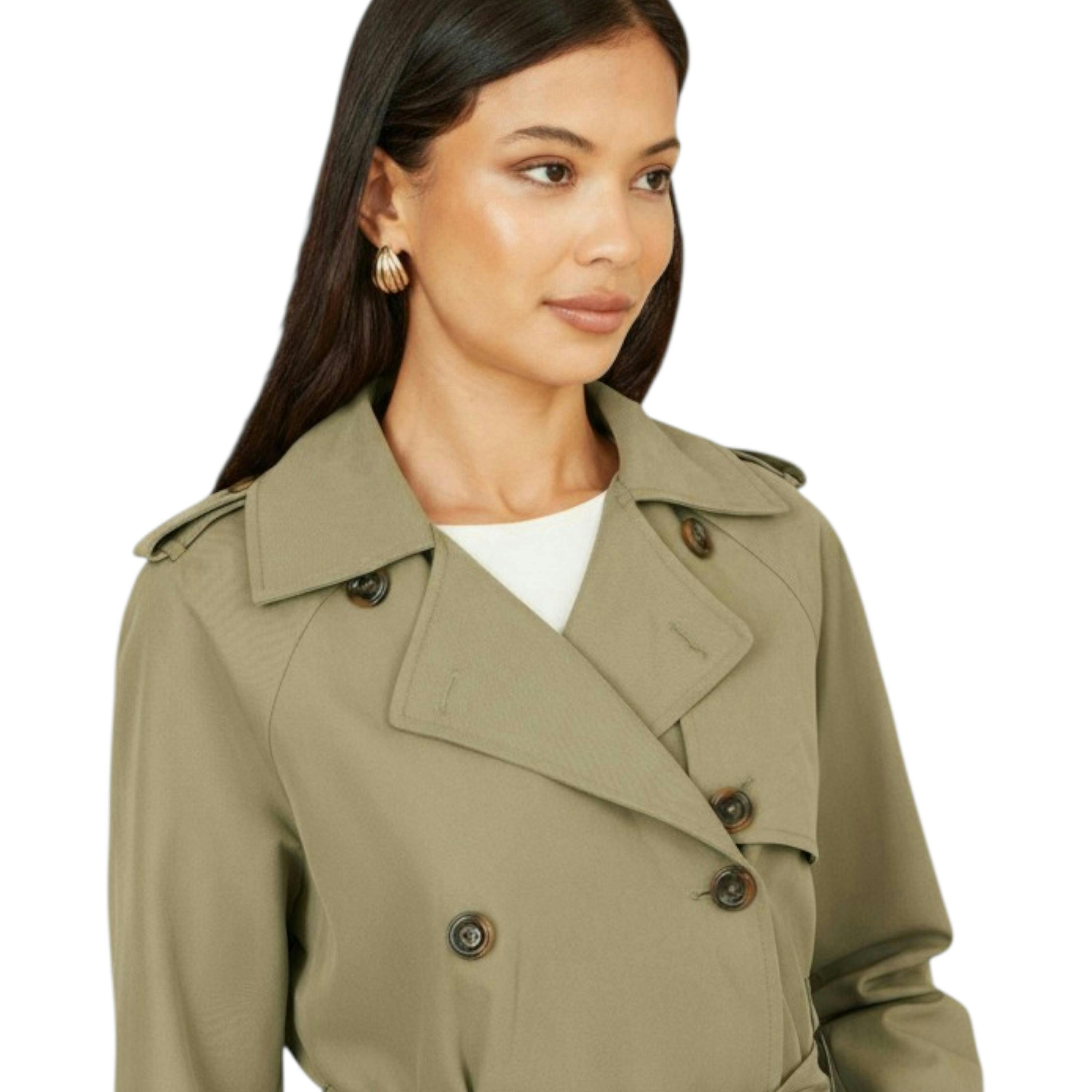 Yumi Green Cropped Trench Jacket With Pockets and Check Lining , view 5 of 6