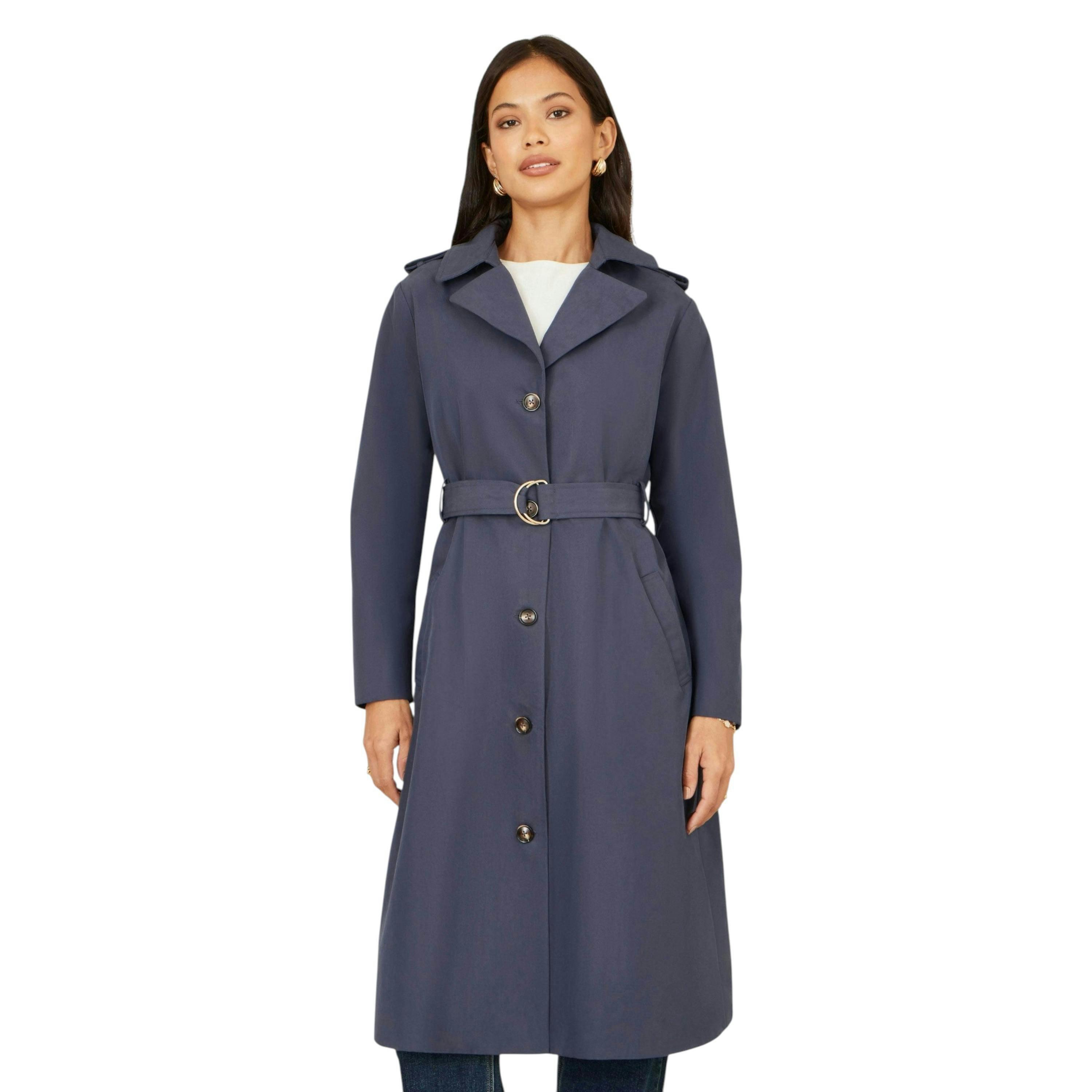 Yumi Navy Belted Long Trench Coat With Belt , view 1 of 6