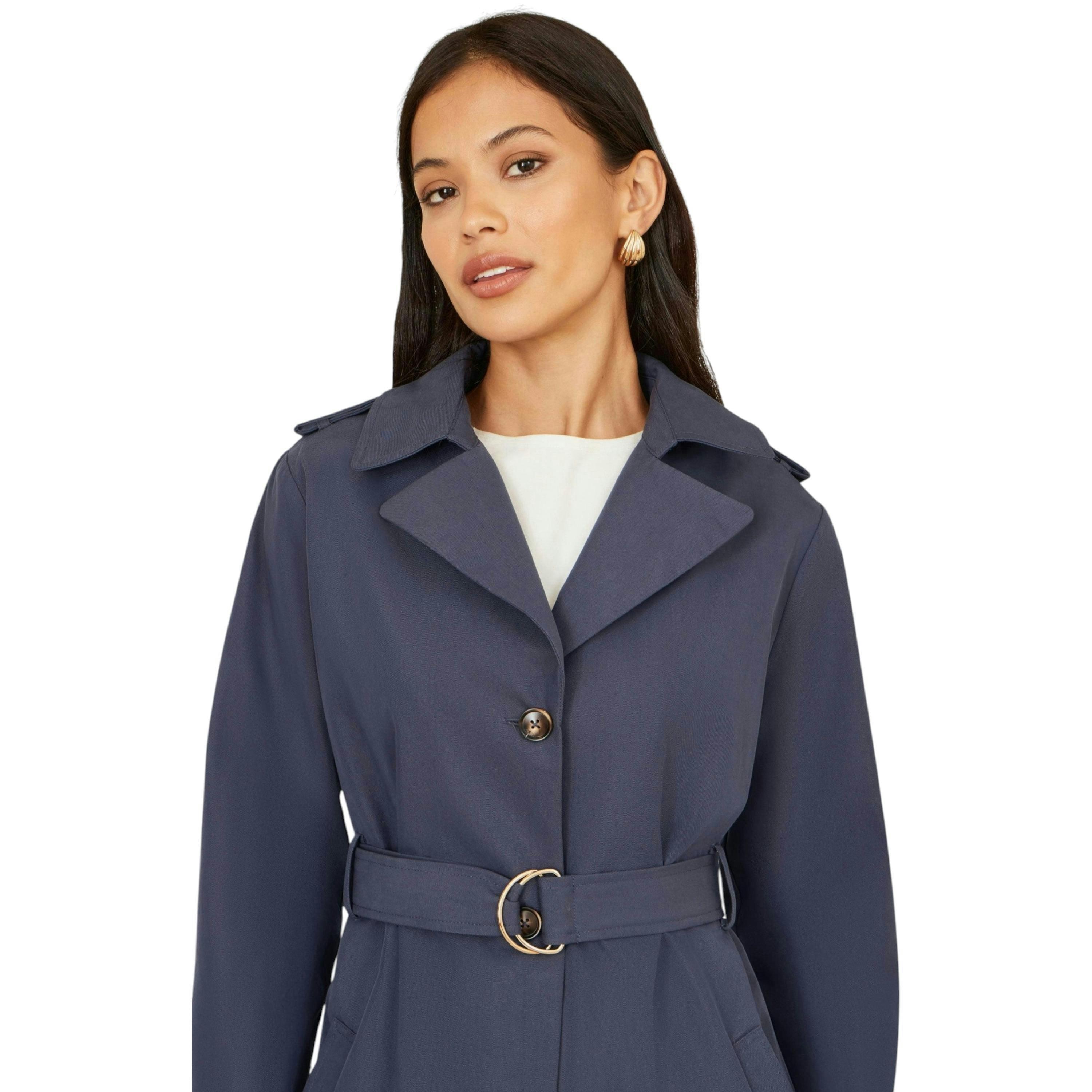 Yumi Navy Belted Long Trench Coat With Belt , view 2 of 6