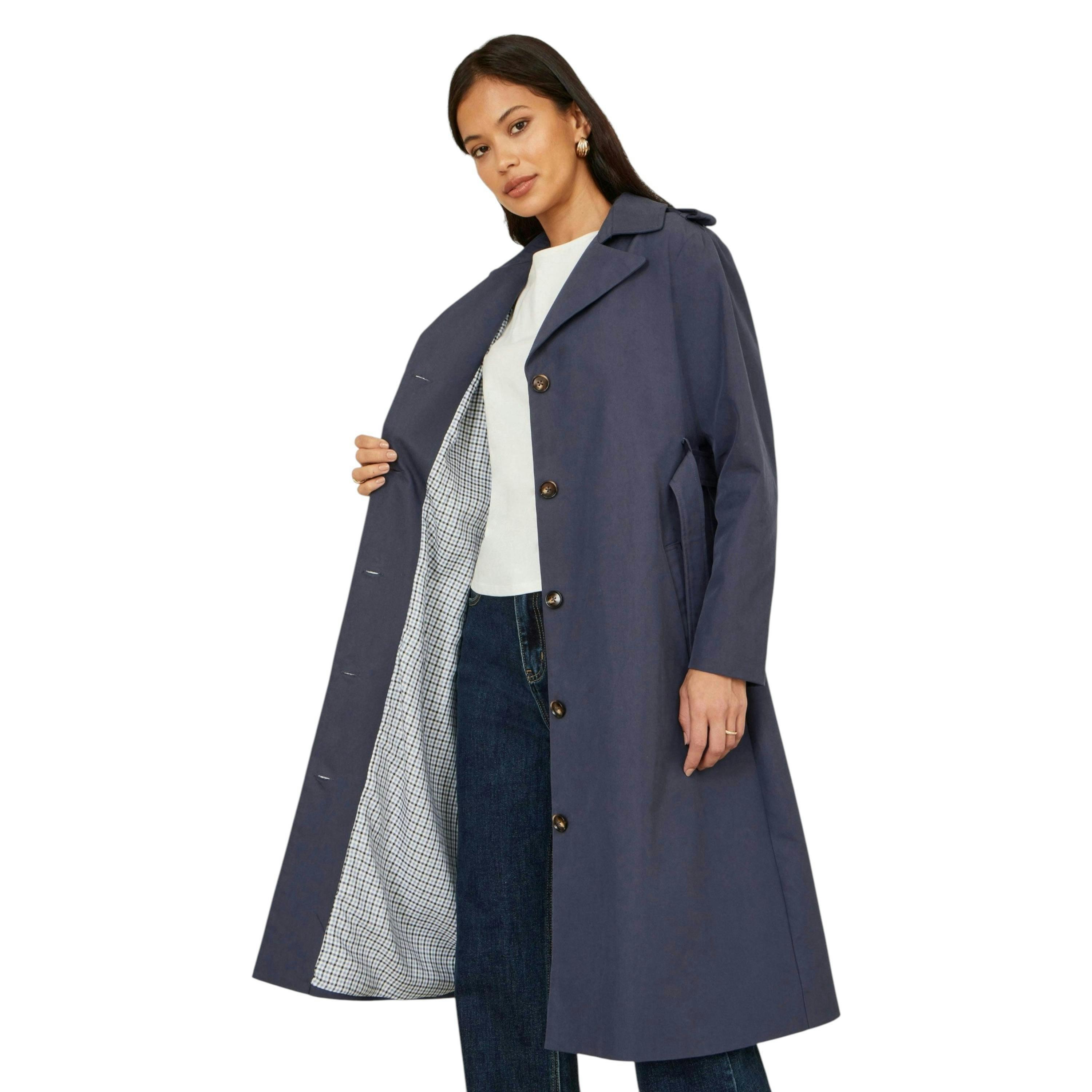 Yumi Navy Belted Long Trench Coat With Belt , view 3 of 6