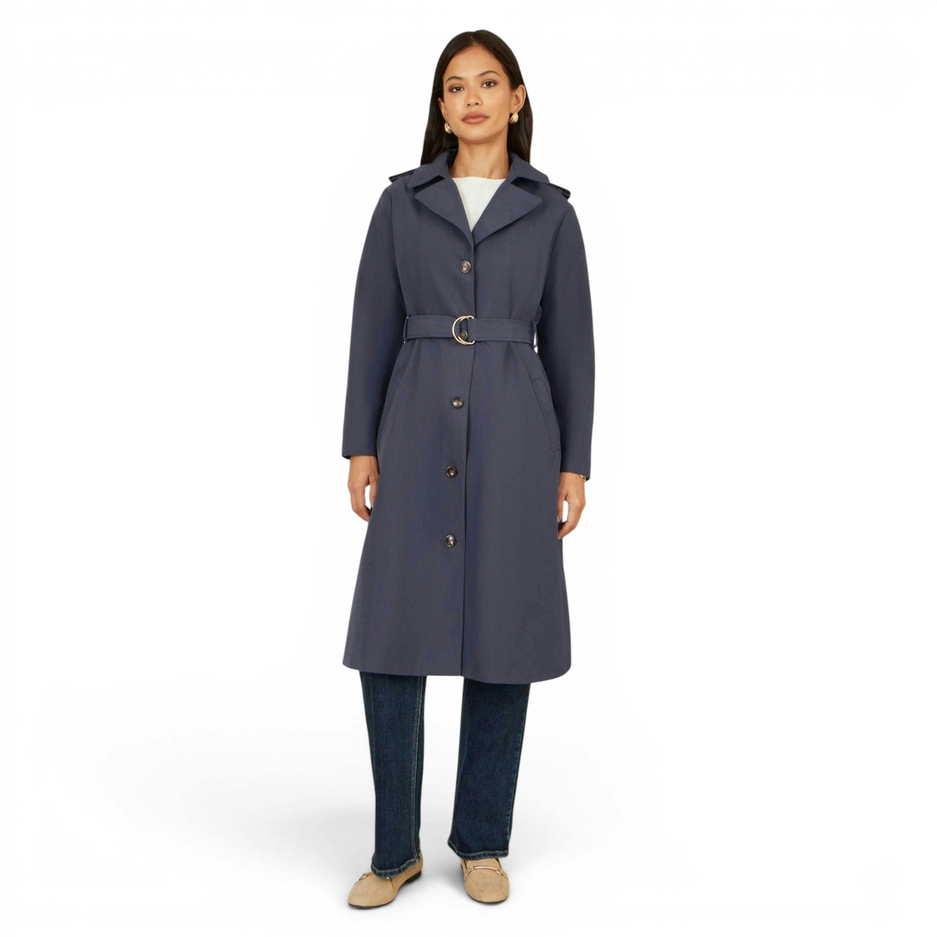 Yumi Navy Belted Long Trench Coat With Belt , view 4 of 6