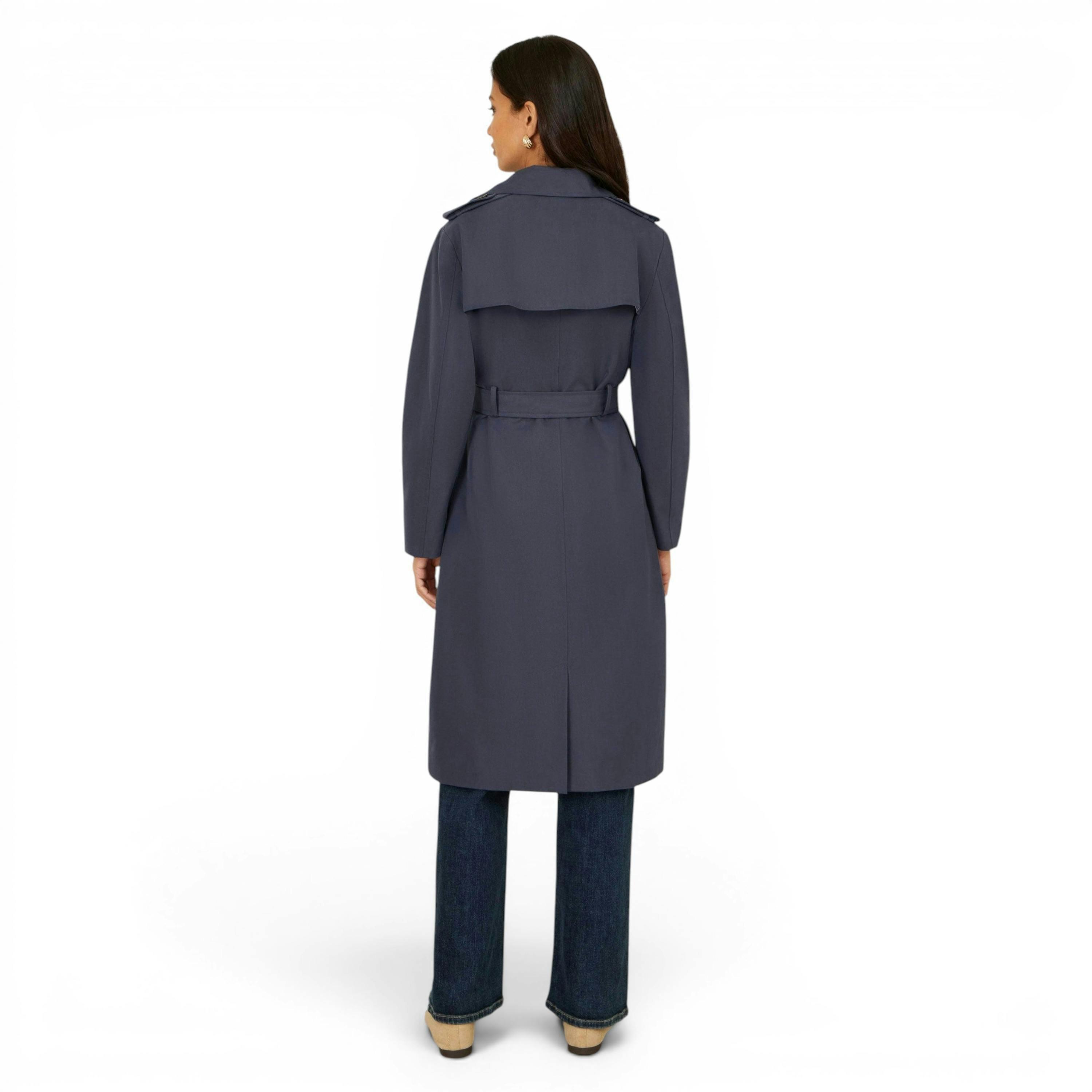 Yumi Navy Belted Long Trench Coat With Belt , view 5 of 6